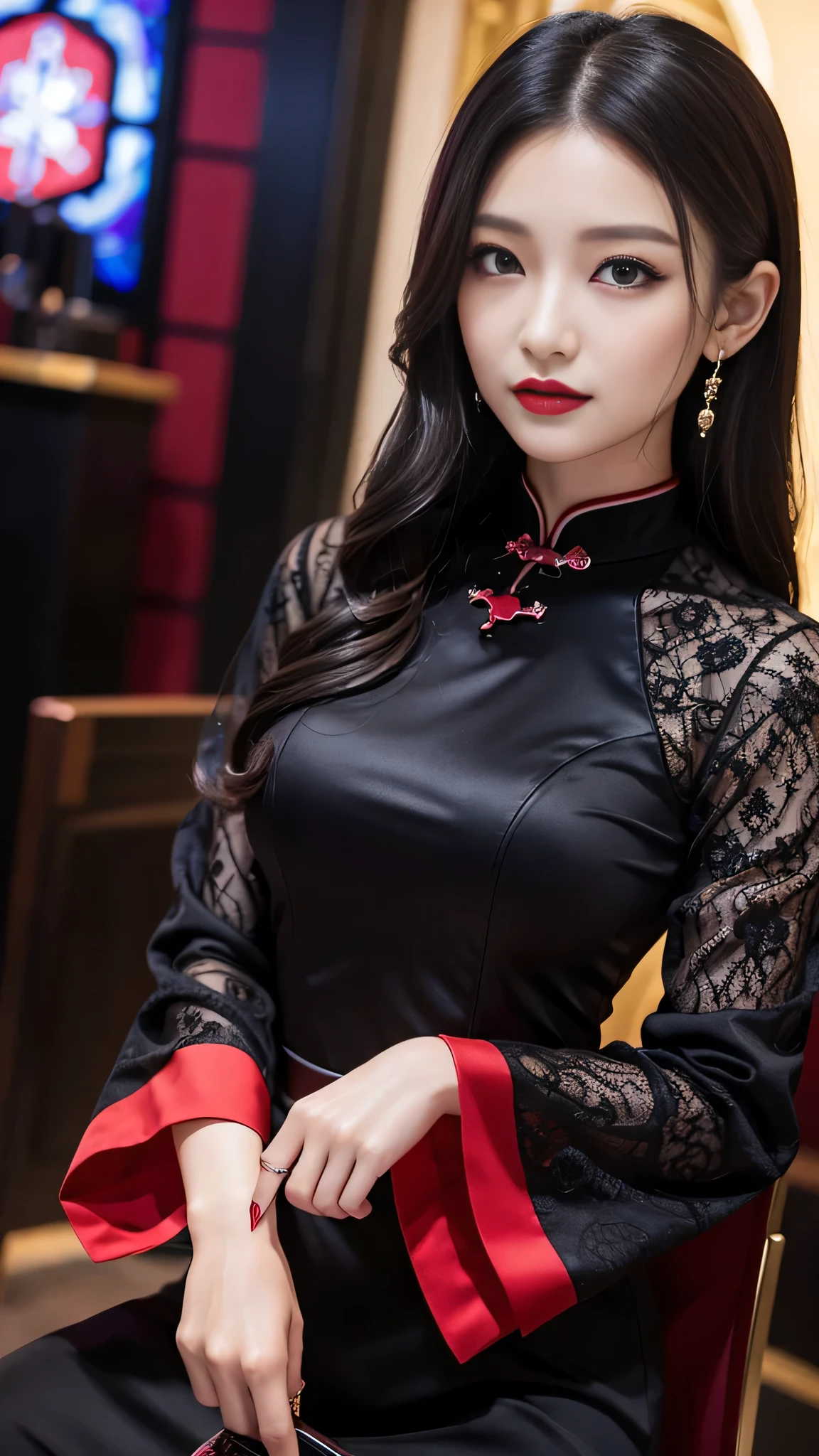 Super detailed、Japanese、charming beauty、seductive adult woman、Beautiful woman、sharp eyes、cool girl、wavy hair、long black cheongsam、wide sleeve、evilの幹部、evil depravity、brainwashing、Mind control、lipstick、grin、evilな表情、evil、empty eyes、evil、church at night、vampire、vampire、Hypnosia makeup brush