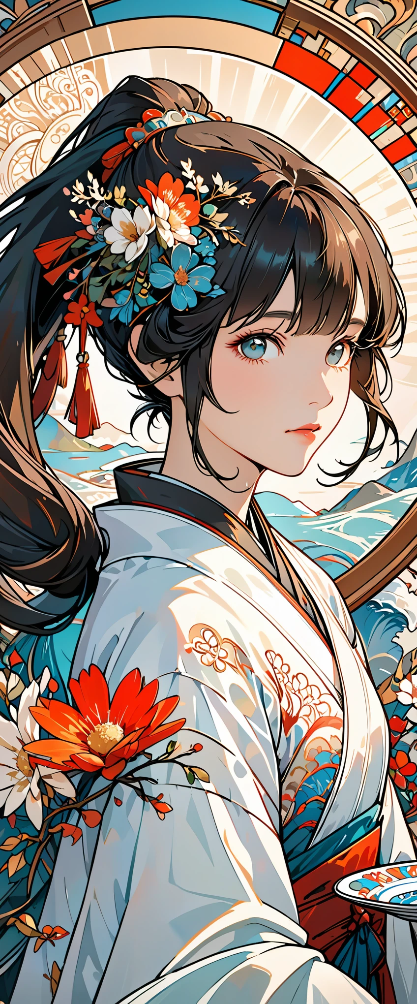 Face portrait of a Chinese woman，high ponytail，black hair color hair，flower frame，Decorative plates，abstract art，Alphonse Mucha（masterpiece，best quality，high resolution：1.4），detailed，intricate details，4k，splash of color，Line art，Fibonacci,Hanfu，
