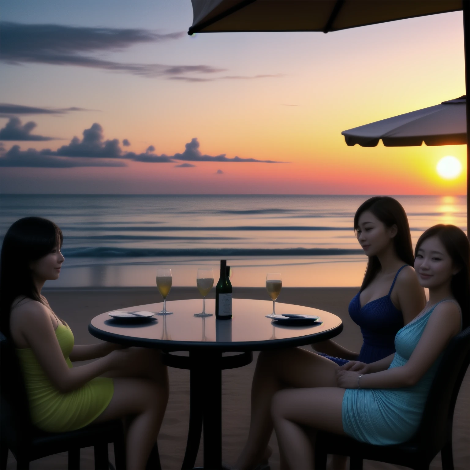 Five beautiful busty women wearing resort dresses are sitting on chairs by the seaside, enjoying a beach party. On the table are delicious-looking food, colorful cocktails, and sparkling wine.。beautiful sunset sky. The sun is sinking into the sea. 