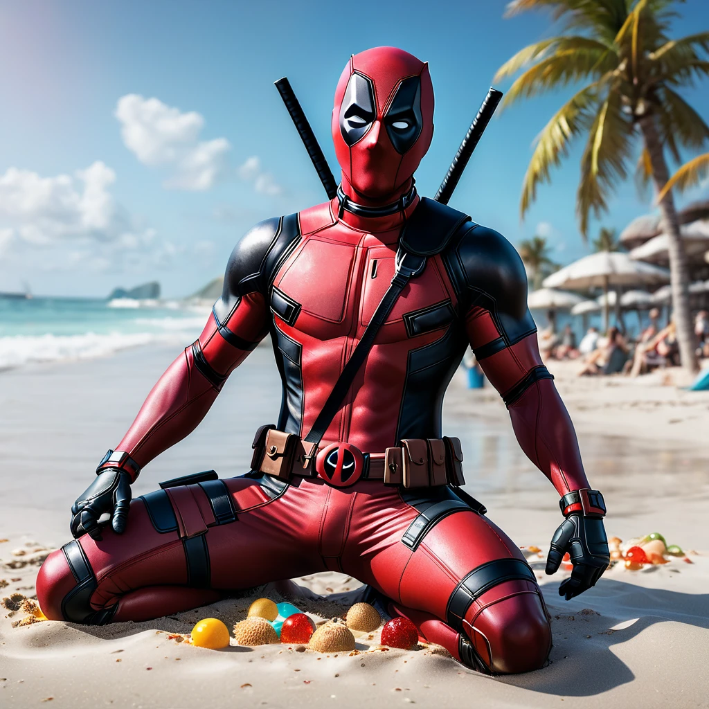 beach parties, aesthetic, extremely detailed, Deadpool tanning on the beach, detailed matte painting, deep color, fantastical, intricate detail, splash screen, complementary colors, fantasy concept art, 8k resolution trending on Artstation Unreal Engine 5, (best quality, 4k, 8k, highres, masterpiece:1.2), ultra-detailed, (realistic, photorealistic, photo-realistic:1.37), HDR, UHD, studio lighting, extreme detail description, professional, vivid colors, bokeh, beach, portraits, landscape