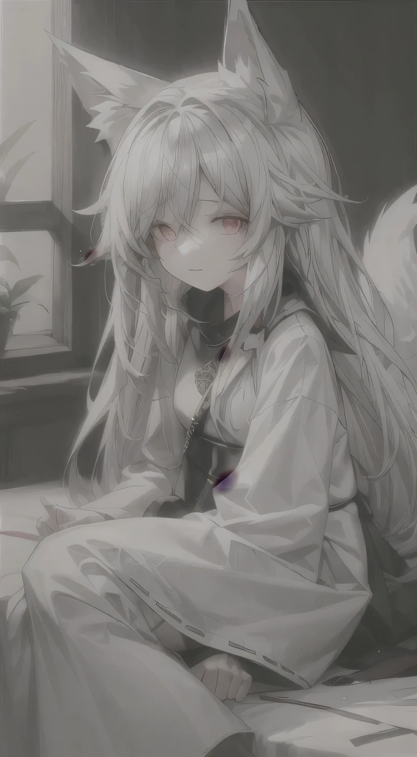 Anime girl with long white hair sitting on bed with cat ears, From Arknights, White-haired fox, onmyoji portrait, white-haired god, with red glowing eyes, white haired Cangcang, nightcore, with glowing red eyes, from girls frontline, onmyoji, Official artwork, White-haired, anime moe art style, no type, style of anime4 K