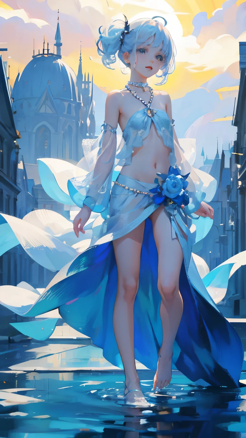 a girl、、Very cute、slim and beautiful、((small :1.2))、well drawn eyes、charming eyes、double tail、Wear jewelry and pearls around your neck,Transparent openwork、deep v、crystal pearl、在Wear jewelry and pearls around your neck,white hair, Showing thighs, bare shoulders, Show collarbone, Yao Liu, barefoot,((whole body))、painful posture