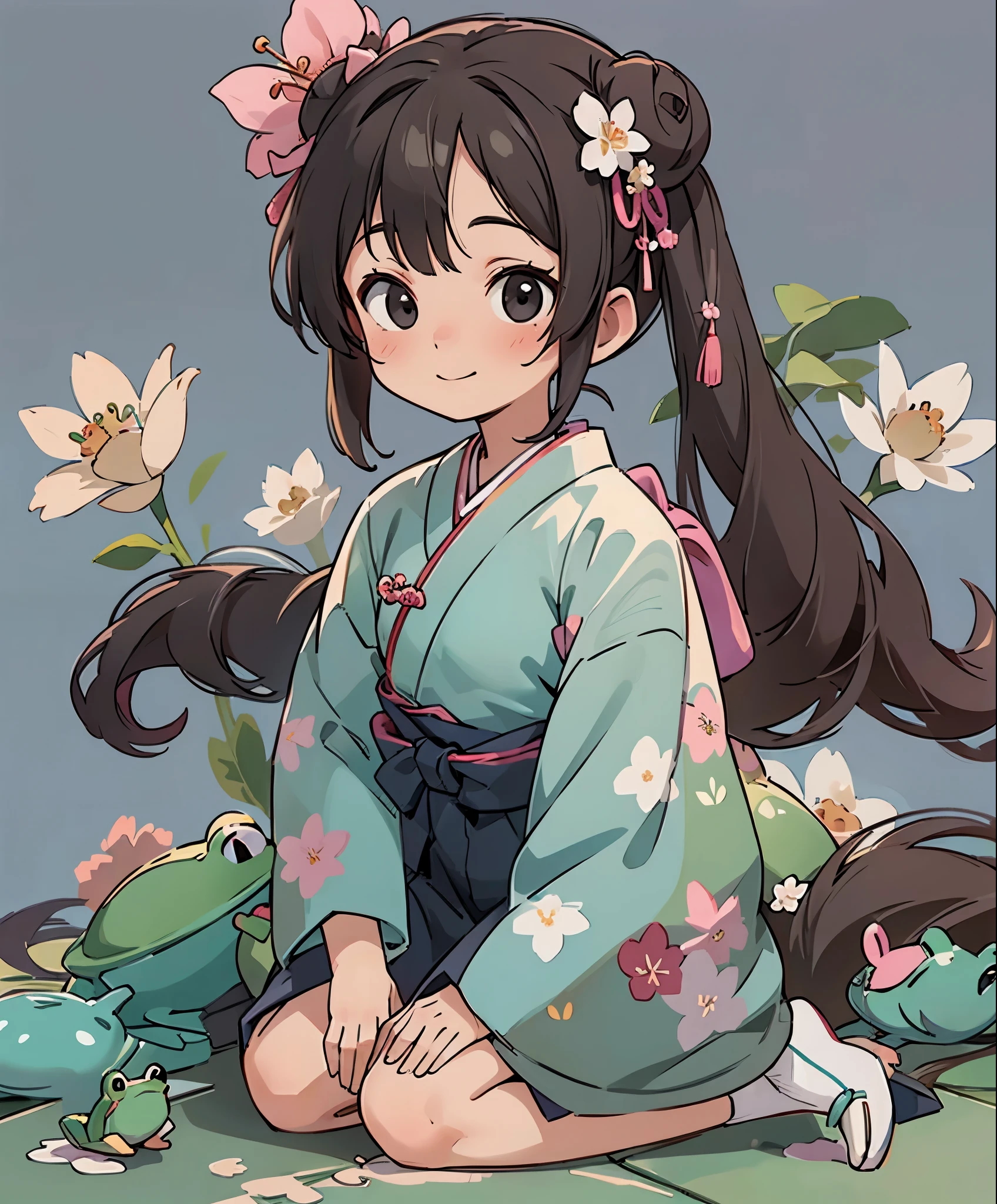 (masterpiece、highest quality、highest quality、official art、beautiful beautiful:1.2)、(1 girl:1.3)Hatsune Miku、twin tails,big breasts,(light brown hair:1.2),(long hair with curls,:1.3),(Drill Curl Hair:1.25),(bun hair:1.3),(black eye:1.4),(eye size:1.5),(flower motif accessories:1.3),((Hanbok fashion:1.4)),(Sheer Sleeve:1.4),(Fluffy skirt:1.35),(Background full of blooming flowers:1.5),(blush),(cute smile:1.3),(small breasts:1.4),(close up of face:1.25),((Frog sits on the floor:1.3)),