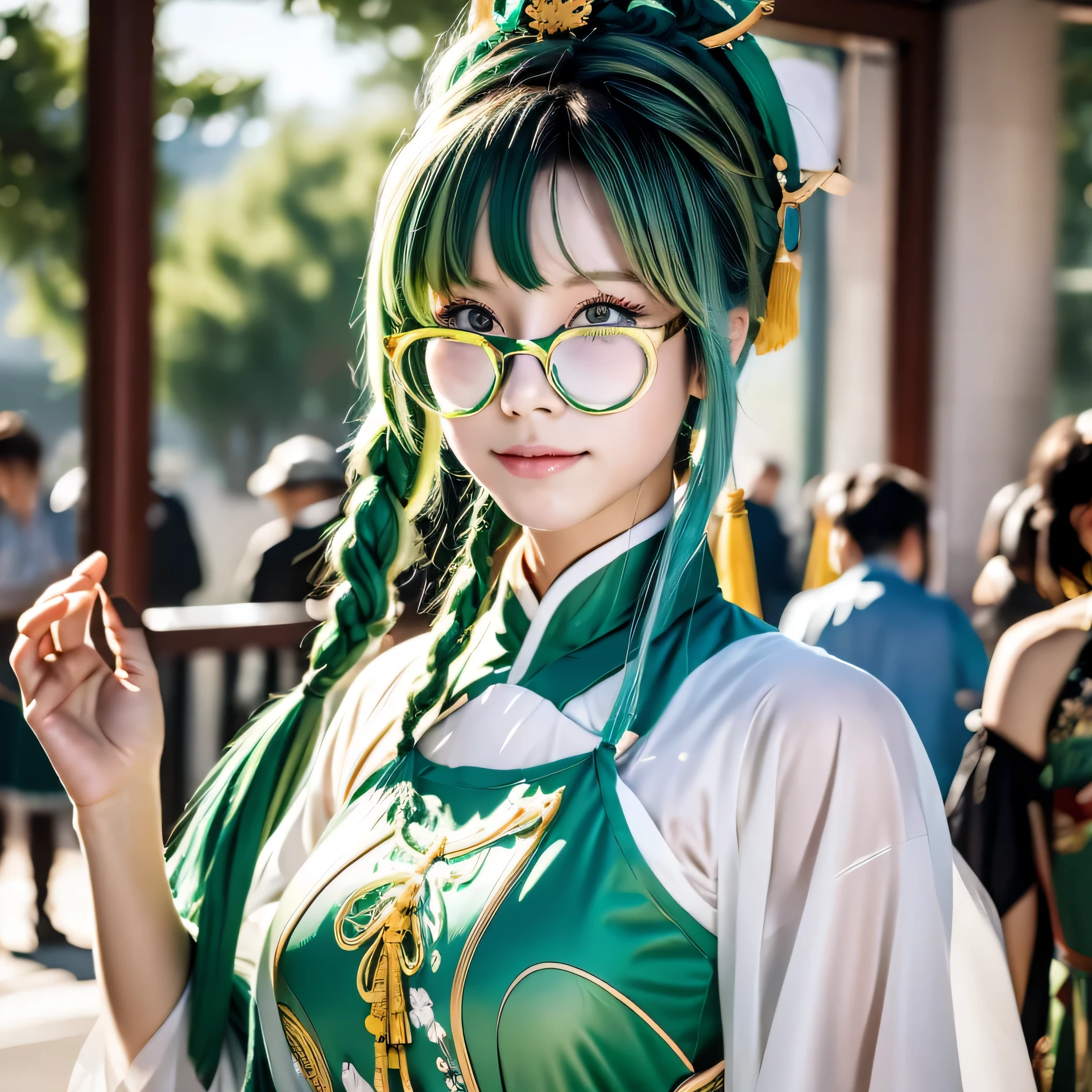 Chinese　green hair　Braid　Glasses　freckles　China dress