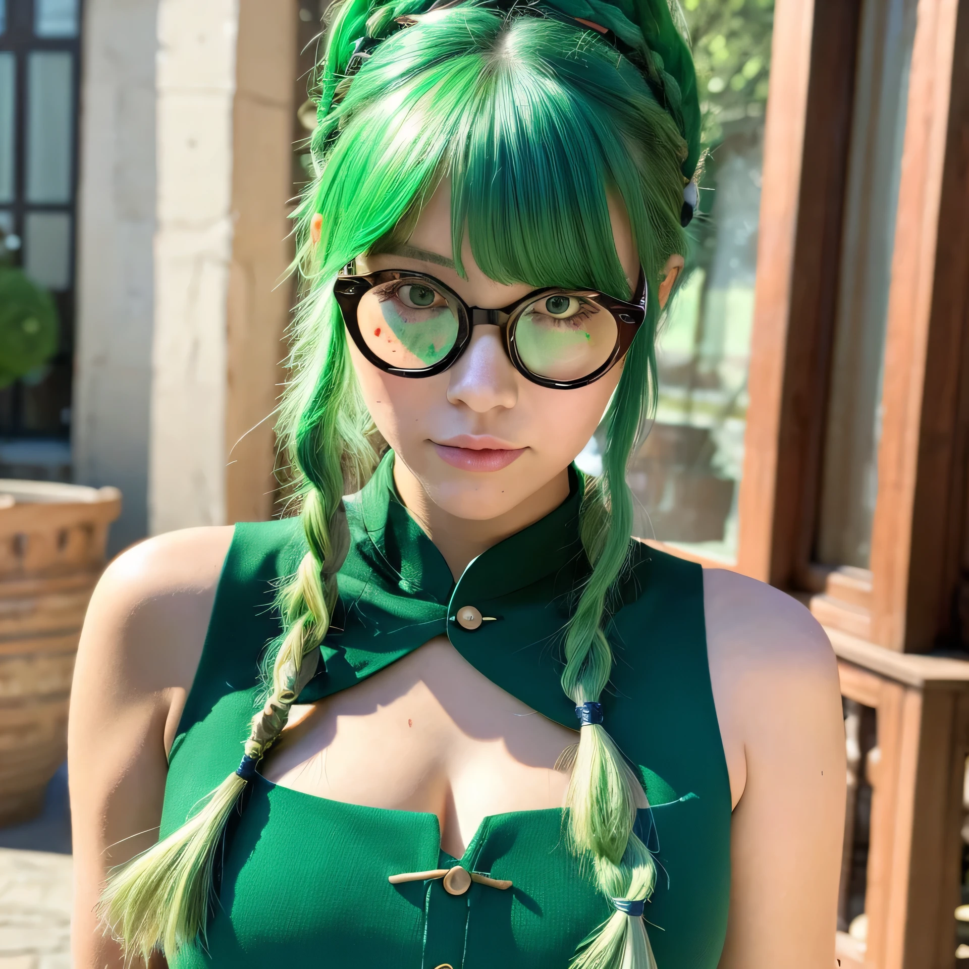 Chinese　green hair　Braid　Glasses　freckles　China dress　big breasted girl　The whole body is reflected