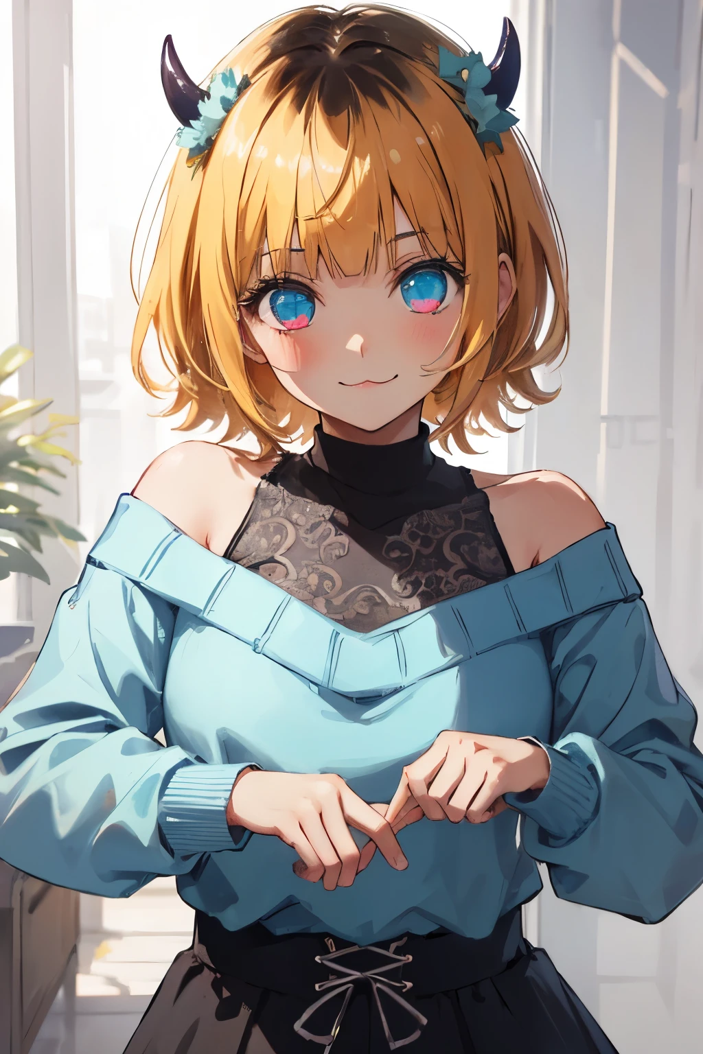 1girl, memcho, blonde hair, blue eyes, blunt bangs, demon horns, short hair,
BREAK bare shoulders, black skirt, (blue sweater:1.5), long sleeves, off shoulder, off-shoulder sweater, puffy sleeves, skirt, sweater, white ribbon, standing,
BREAK looking at viewer,
BREAK (masterpiece:1.2), best quality, (illustration:0.8), (beautiful detailed eyes:1.6), extremely detailed face, perfect lighting, extremely detailed CG, (perfect hands, perfect anatomy), cat mouth, smile,