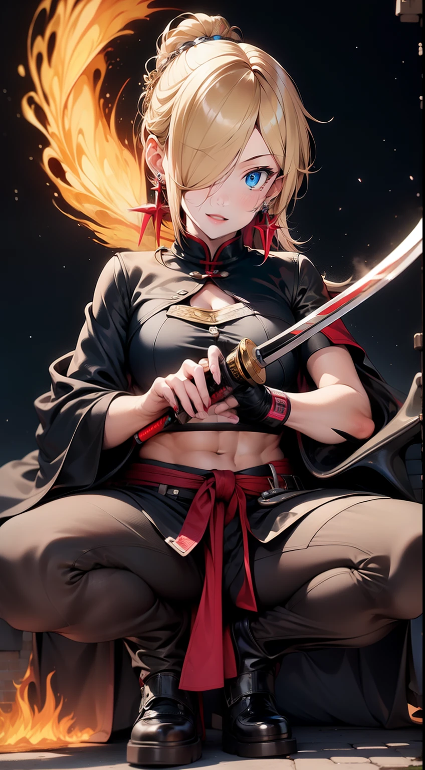 BETTER HANDS, melhores dedos, Rosto ultra detalhado, sorriso perfeito, cinco dedos, perfect hands holding a katana, flame blade, Cabelo rosa