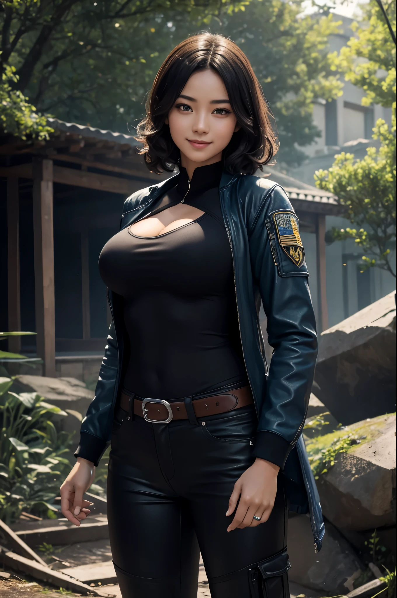 8k,sisters,super beautiful(like the real thing),My sister is cool and short with very big breasts.,lean muscular body,sexy,Crisp narrow eyes,black eye,cool smile,black long perm,blue combat jacket,sexyな黒いシャツ,black combat pants,short,cool smile,compensate,super realistic skin,Makeup,masterpiece,Photorealistic RAW photos of the highest quality。bright colors,rich colors, Backlight, cinematic lighting, film grain, to be born, 50mm lens, Nikon D850,detailed character art,fantasy art,ultra high resolution,super realistic skin,perfect hand shape,In front of an abandoned temple,beautiful expression,Close-up,