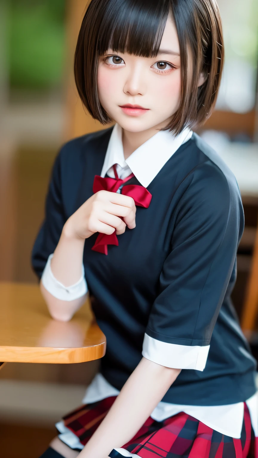 (table top, highest quality:1.2), 8k, 18-year-old, 85mm, official art, RAW photo, absurd, white dress shirt, cute face, close, Upper body, viola lace, gardenia, beautiful girl, school uniform, (navy pleated skirt:1.1), Cinch West, thighs thighs, short sleeve, classroom, ponytail、short hair、short hair、sit on a bench seat, looking at the viewer, no makeup, (smile:0.4), film grain, chromatic aberration, sharp focus, face light, clear lighting, teen, detailed face, background bokeh, (dark red tie:1.1)、日本の学校のclassroom、classroom