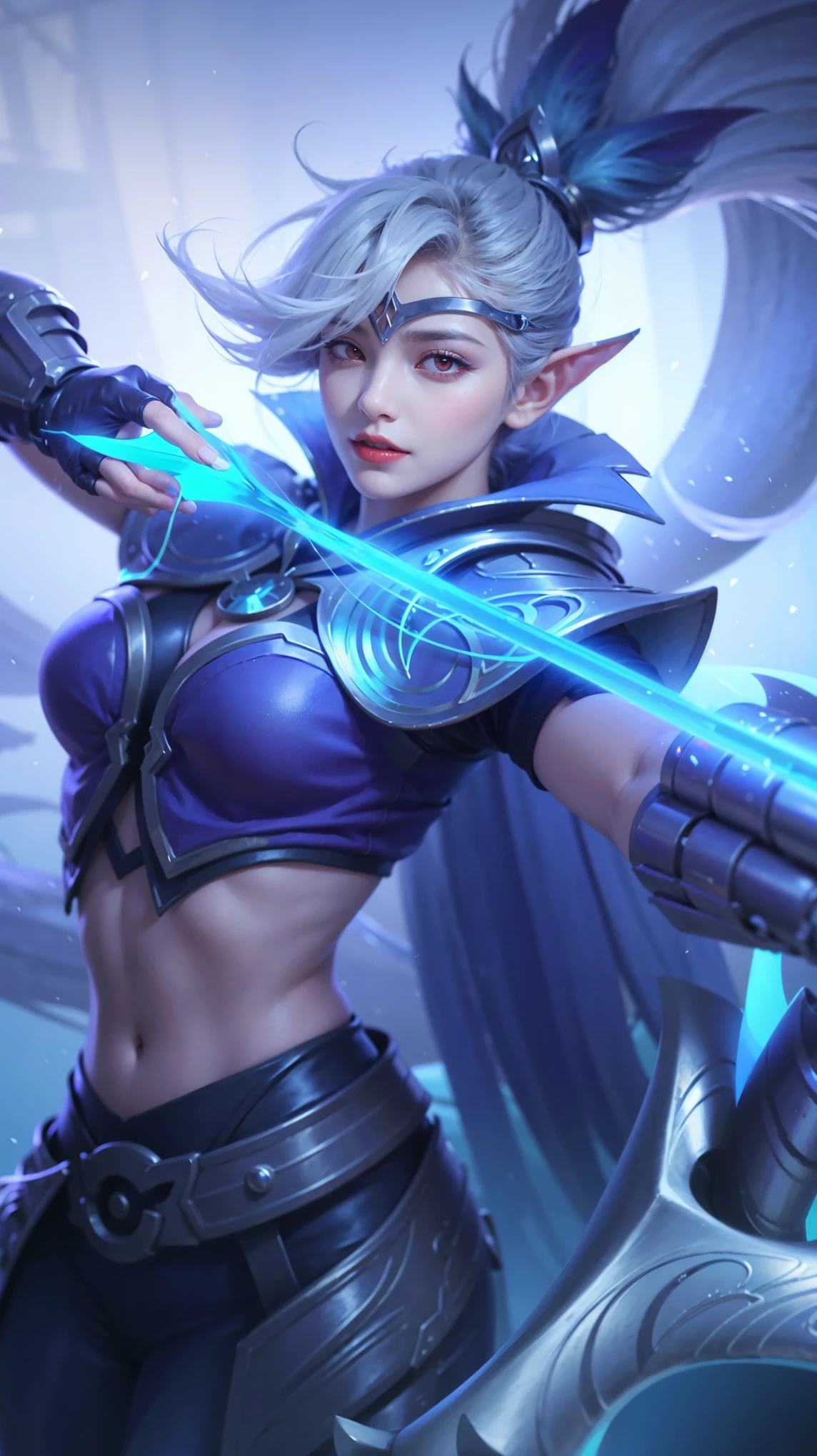 (female:1.2), 8k, ultra hd, ultra detailed texture, hyper realistic, masterpiece, detailed texture, detailed face, detailed skin, detailed lighting, (photorealistic:1.5), best quality, beautiful lighting, cinematic lighting, professional lighting, ultra highres, realistic, detailed hair, real hair, high quality, (realskin:1.5), extremely detailed, finely detail, ultra-detailed, 1girl, solo, elf, pointy ears, standing, demon horns, forehead protector, (red eyes:1.5), v-shapped eyebrow, lips, red lips, evil smile, nose, make up, pretty, beautiful, cute face, long hair, blue hair, high ponytail, large breasts, cleavage, armpit, navel, stomach, black armor, pauldrons, bare shoulders, shoulder armor, thigh high, sleevless, detached sleeves, breastplate, gauntlets, karina \(mobile legends\), depth of field, looking aways, white skin, skin tight, amazing pose, outdoors, glowing, dark view