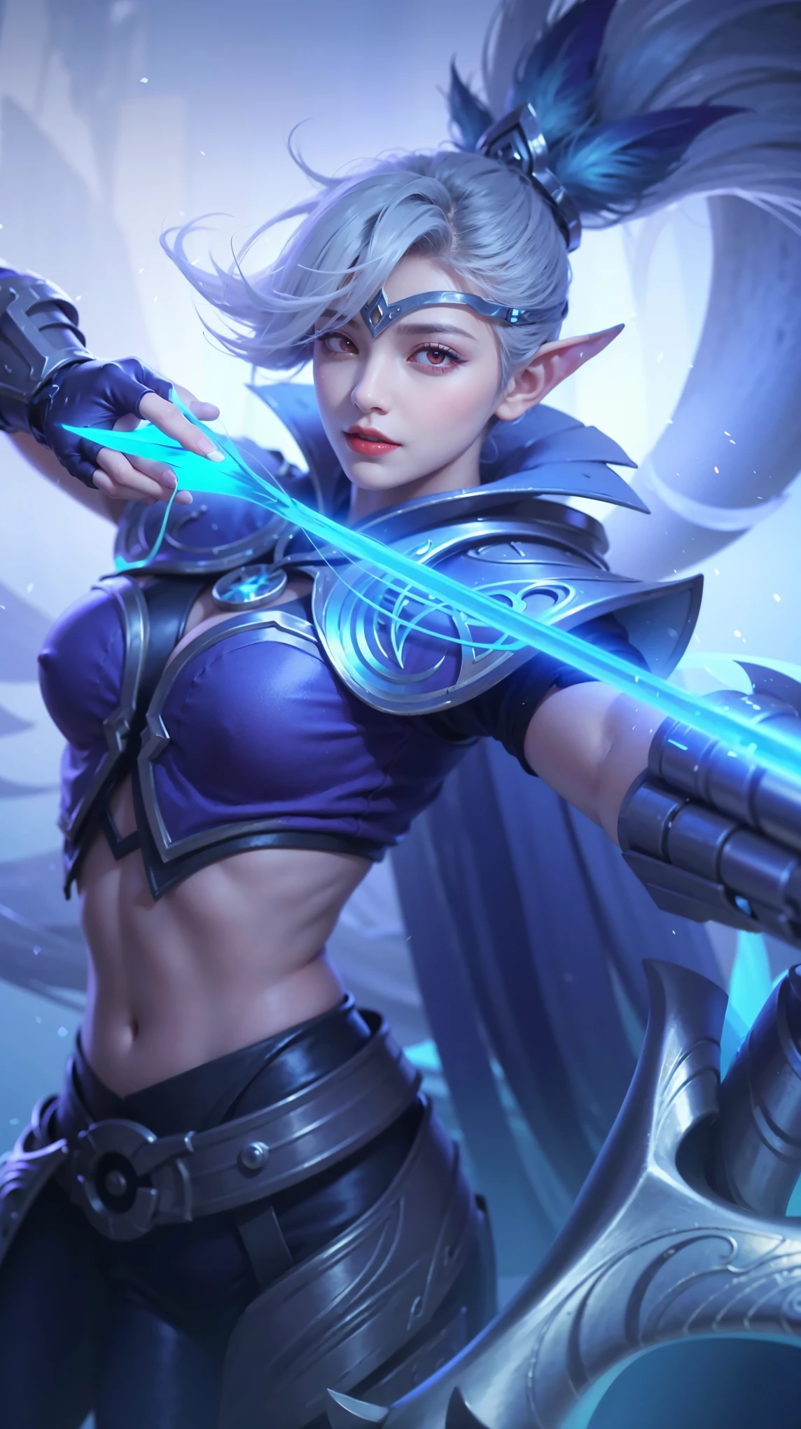 (female:1.2), 8k, ultra hd, ultra detailed texture, hyper realistic, masterpiece, detailed texture, detailed face, detailed skin, detailed lighting, (photorealistic:1.5), best quality, beautiful lighting, cinematic lighting, professional lighting, ultra highres, realistic, detailed hair, real hair, high quality, (realskin:1.5), extremely detailed, finely detail, ultra-detailed, 1girl, solo, elf, pointy ears, standing, demon horns, forehead protector, (red eyes:1.5), v-shapped eyebrow, lips, red lips, evil smile, nose, make up, pretty, beautiful, cute face, long hair, blue hair, high ponytail, large breasts, cleavage, armpit, navel, stomach, black armor, pauldrons, bare shoulders, shoulder armor, thigh high, sleevless, detached sleeves, breastplate, gauntlets, karina \(mobile legends\), depth of field, looking aways, white skin, skin tight, amazing pose, outdoors, glowing, dark view