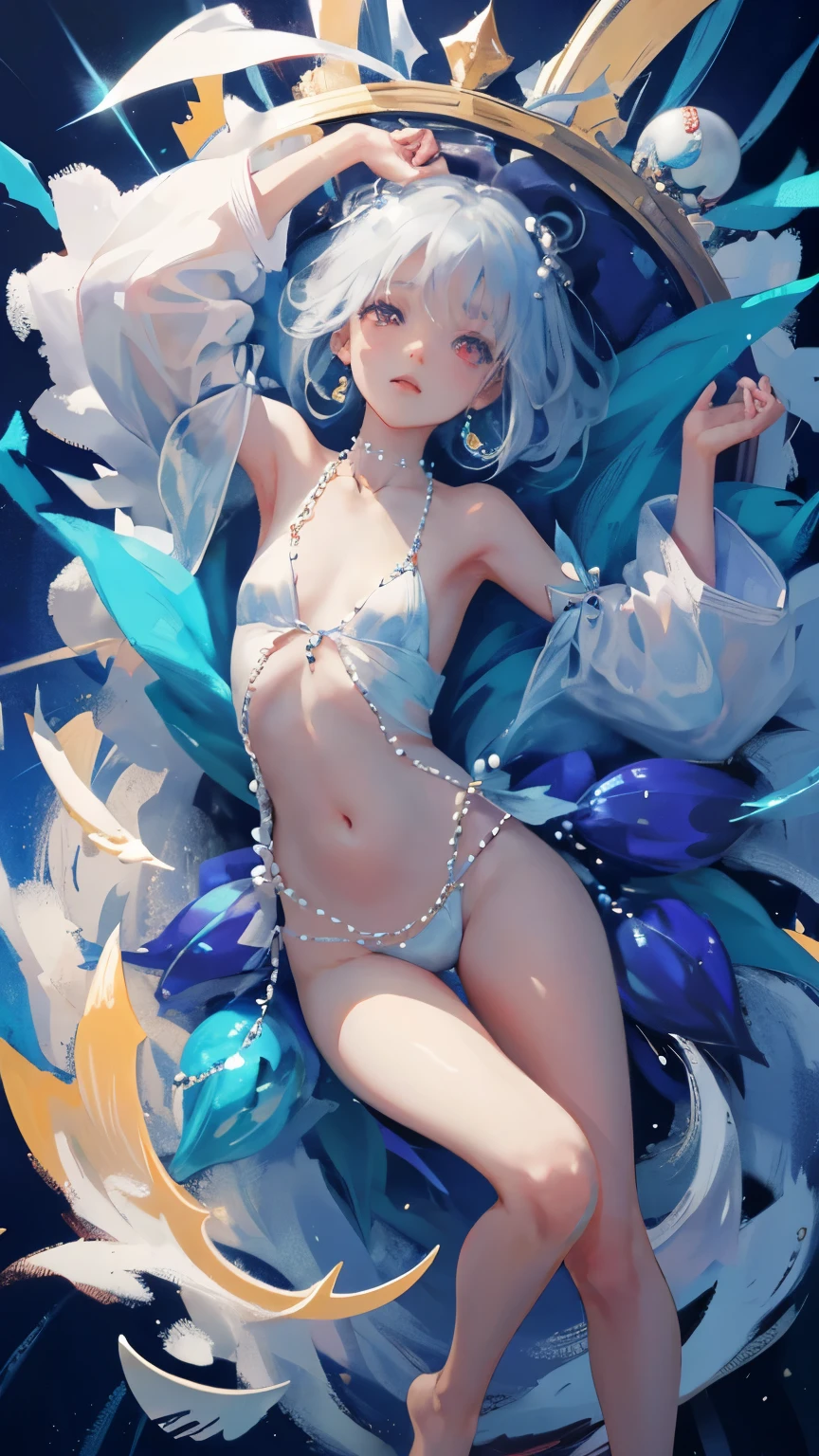 a girl、、Very cute、slim and beautiful、((small :1.2))、well drawn eyes、charming eyes、double tail、Wear jewelry and pearls around your neck,Transparent openwork、deep v、crystal pearl、在Wear jewelry and pearls around your neck,white hair, Showing thighs, bare shoulders, Show collarbone, Yao Liu, barefoot,((whole body))、painful posture