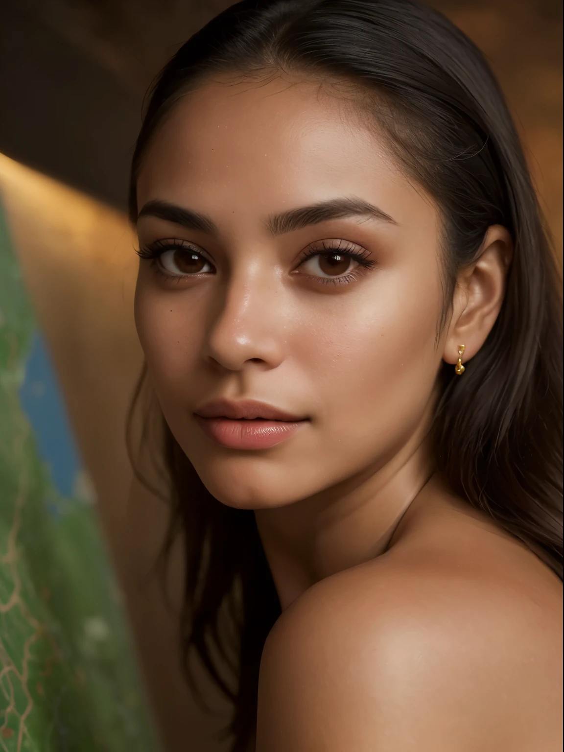 A Mexican woman, age 25, solo, immersed in the depths of the night, with a backdrop of landscape and nature illuminated by high-level lighting and studio lighting. Her face is bathed in frontal lighting, every detail of her visage captured realistically and fotorealistically (1.37). The depth of her dark brown eyes is renderered with intricate detail, accentuated by the pores and textures evident on her skin (1.1), which glows with a map-like quality in this crude, high-quality 8K photograph (8K, fotos crudas, de primera calidad, masterpiece:1.2). Her long,