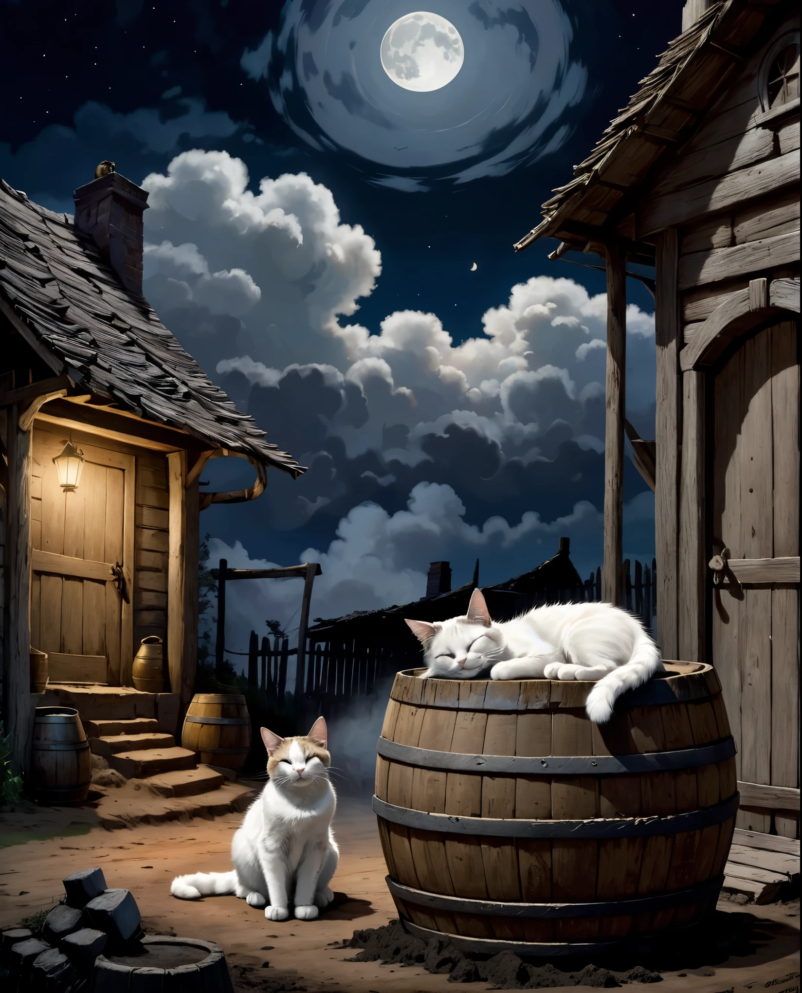 A cat sleeping on a large wooden barrel in front of an old mud-walled house、Girl standing next to a barrel and looking at a cat、White smoke is coming out of the chimney、hardwood、moon night、The moon is half hidden in clouds、Tim Burton Films、High color rendering、high detail