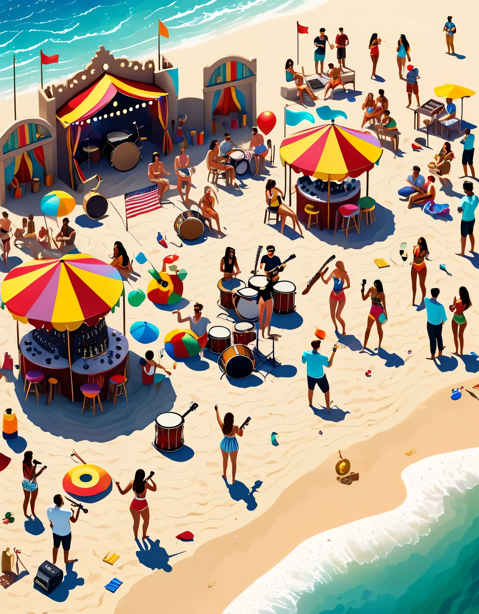 bird's eye view,3D rendering of Many fashionable boys and girls have parties on the beach, with a lively atmosphere (beautiful female singers singing in front of the floor microphone), stage, guitar, drum set, advanced musical instruments, crazy performance with laughter, waves and music intertwined, wine glasses and wine bottles, creating a lazy and energetic atmosphere, (some people are in the magnificent sandcastle on the beach), enjoying a rare leisurely time, in the distance, some brave swimmers are swimming in the sea, and their figures are particularly vigorous in the setting sun. Many musical instruments, colorful flags, fireworks, inspired by