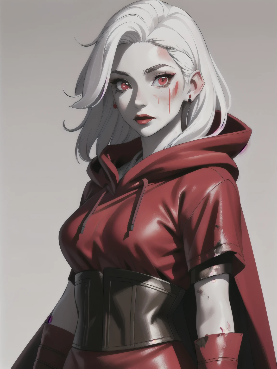 Masterpiece, best quality, 8k, dramatic lighting, 1girl, (((colorless skin, white skin))), white hair, solo, long hair, red eyes, gloves, multicolored hair, red hair inner hair, pointed ears, red eyeliner, looking at viewer, large black gloves, black leather corset, red inner color hair, dark background, upper body, bangs,red theme,bad-girl, small breasts, albino,(mature female, eye wrinkles), ((ragged clothes , dark red shirt, wearing rags, red hooded shawl)), ((dirty face, dirty clothes))