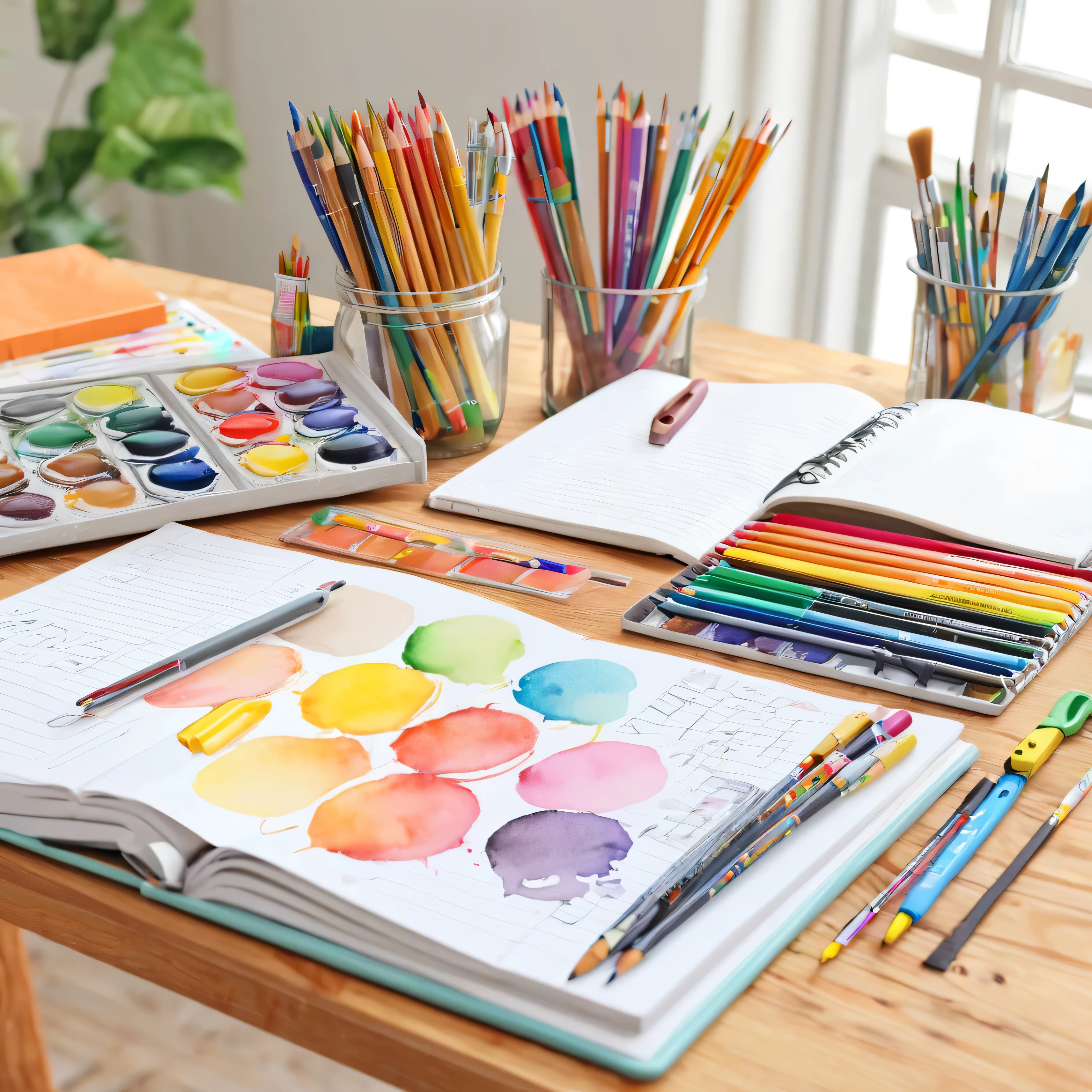 (best quality,4k,8k,highres,masterpiece:1.2),ultra-detailed,(realistic,photorealistic,photo-realistic:1.37),collage, school supplies, colored pencils, notebooks, rulers, scissors, glue sticks, erasers, pens, highlighters, crayons, art markers, protractors, compasses, tape, paper clips, stapler, calculator, backpack, textbooks, graph paper, composition books, paint brushes, watercolor paints, pastels, sketchbooks, art easel, color palette, art studio, bright colors, natural lighting, organized arrangement.