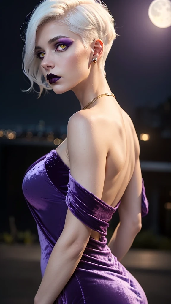 woman (((((serious, looking side, albino, night, dark, full moon, purple velvet evening gown, glowing yellow eyes)), black lips, dark makeup))), posing, dynamic cinematic pose, at night, dark, feminine muscular detailed body and face, highly detailed expressive , space above head, depth of field, ultra realistic, Fujifilm, BREAK (short undercut white hair), (((8k, hyperrealistic)))