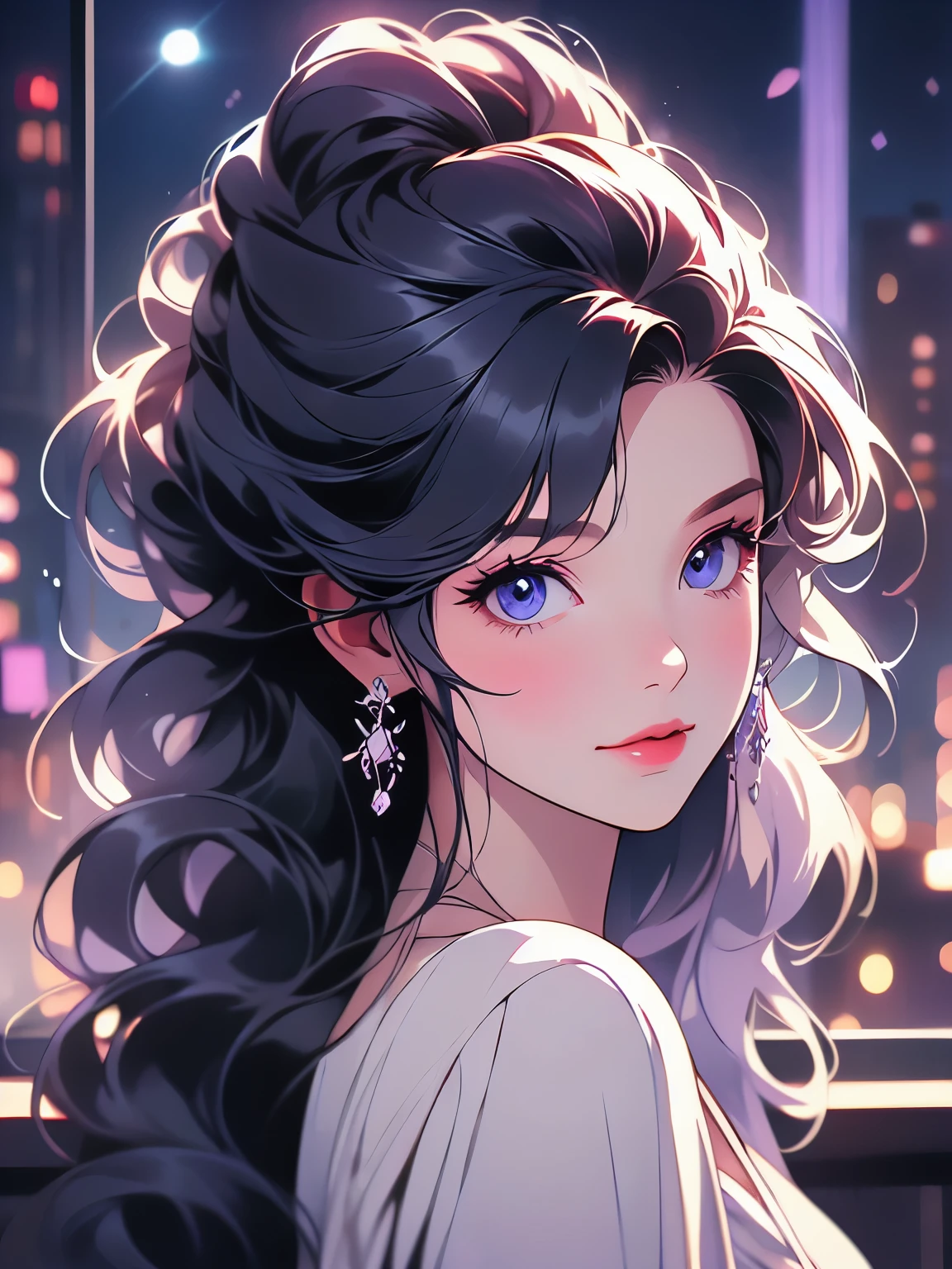 A portrait of a mature woman with very long PURPLE wavy hair and drill curls, side-swept bangs, blue eyes, ligh tanned skin, confident smile, wearing a black party dress, inside of a nightclub in the city, nighttime.