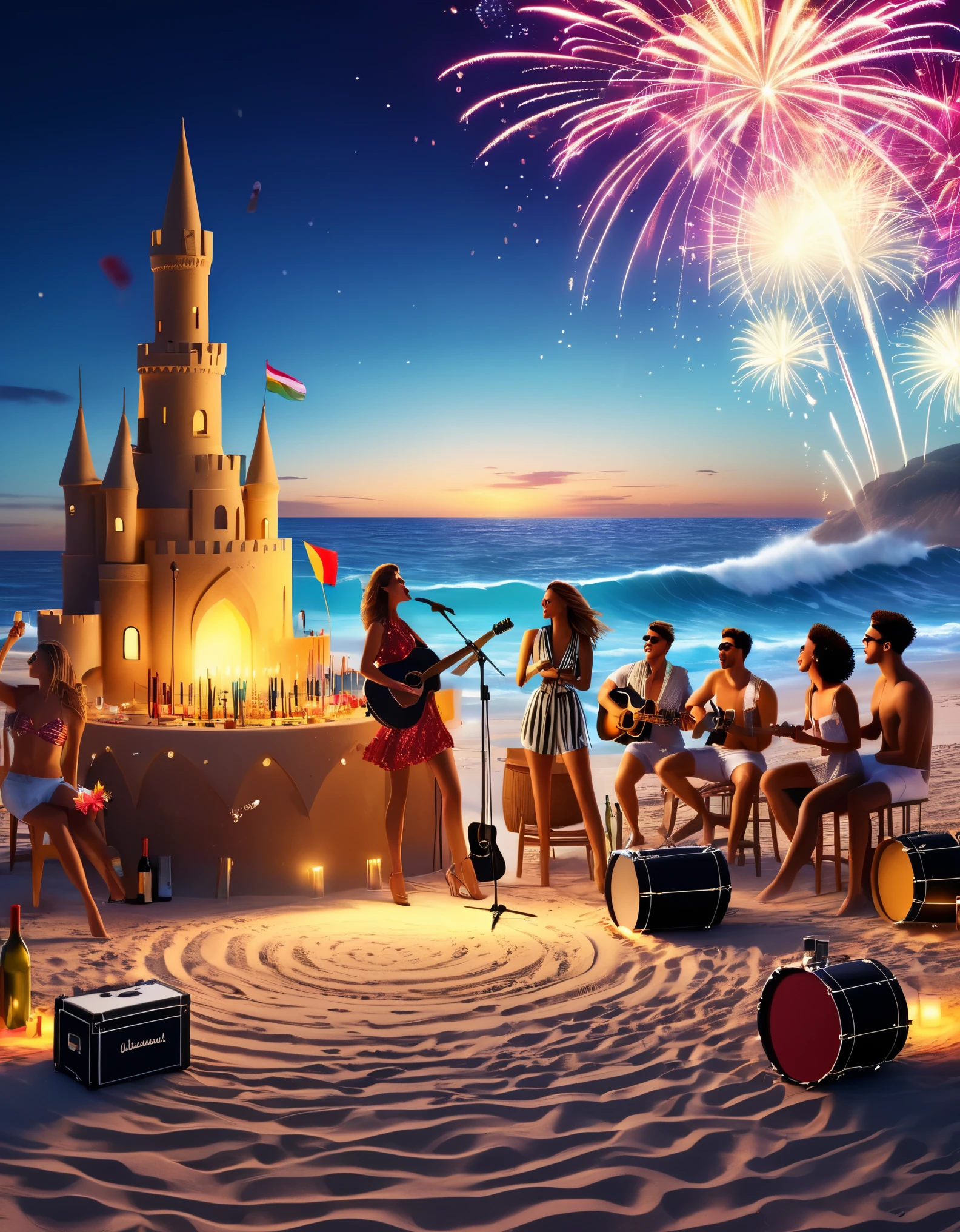 3D rendering of Many fashionable boys and girls have parties on the beach, with a lively atmosphere (beautiful female singers singing in front of the floor microphone), stage, guitar, drum set, advanced musical instruments, crazy performance with laughter, waves and music intertwined, wine glasses and wine bottles, creating a lazy and energetic atmosphere, (some people are in the magnificent sandcastle on the beach), enjoying a rare leisurely time, in the distance, some brave swimmers are swimming in the sea, and their figures are particularly vigorous in the setting sun. Many musical instruments, colorful flags, fireworks, inspired by