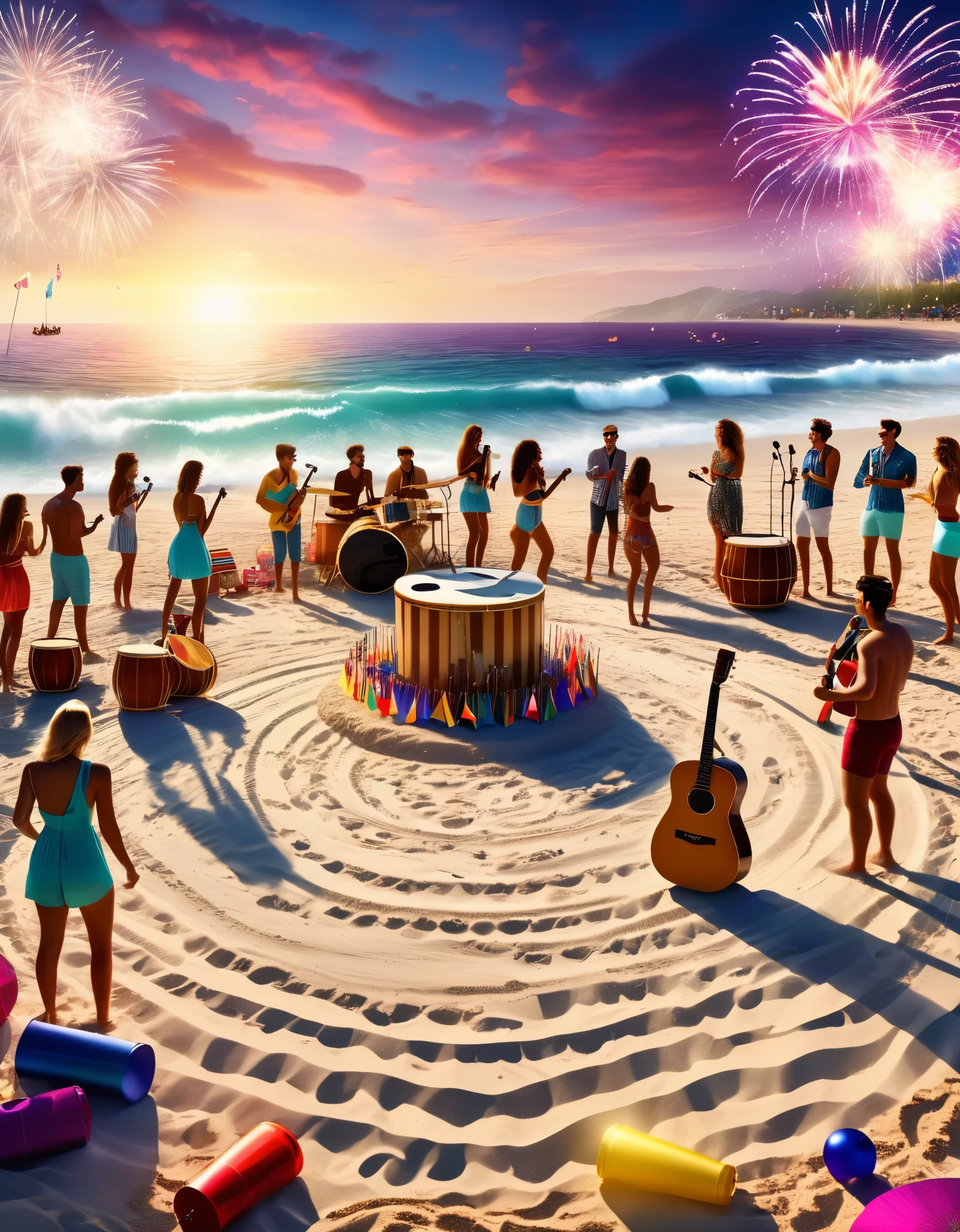 Beachy Instruments People are gathered on the beach playing music and fireworks - SeaArt AI