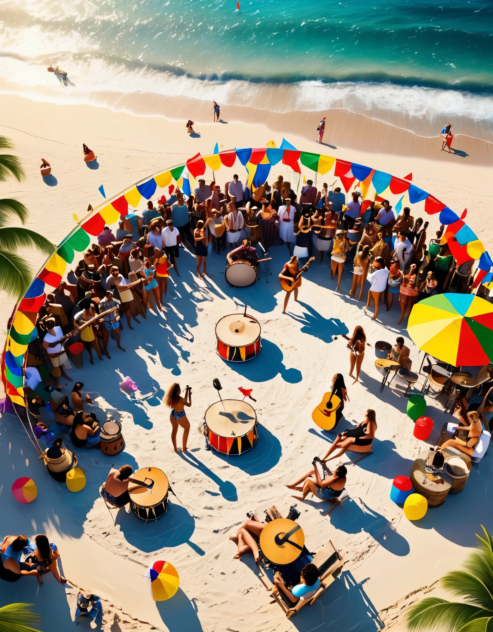 bird&#39;s eye view，3D rendering of Many fashionable boys and girls have parties on the beach, with a lively  atmosphere (beautiful female singers singing in front of the floor microphone), stage, guitar, drum set, advanced musical instruments, crazy performance with laughter, waves and music intertwined, wine glasses and wine bottles, creating a lazy and energetic atmosphere, (some people are in the magnificent sandcastle on the beach), enjoying a rare leisurely time, in the distance, some brave swimmers are swimming in the sea, and their figures are particularly vigorous in the setting sun. Many musical instruments, colorful flags, fireworks, inspired by 