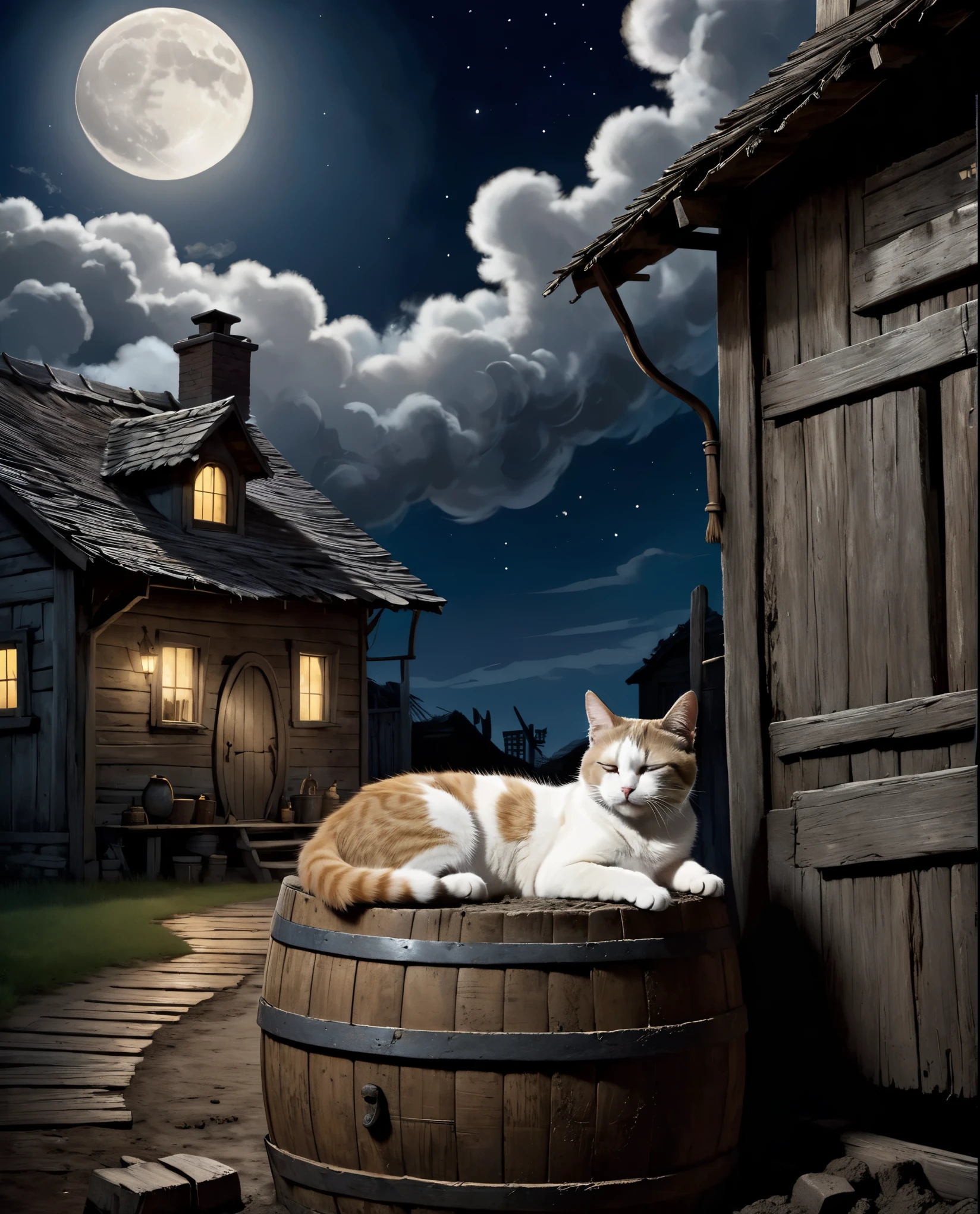 A cat sleeping on a large wooden barrel in front of an old mud-walled house、Girl standing next to a barrel and looking at a cat、White smoke is coming out of the chimney、hardwood、moon night、The moon is half hidden in clouds、Tim Burton Films、High color rendering、high detail