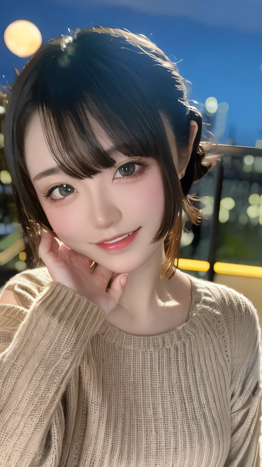 table top, highest quality, 8k, 6 , teen, price,RAW photo, absurd, award winning portrait, smile, alone, (night:1.8), idol face, droopy eyebrows,delicate girl,delicate body, Upper body, Digital single-lens reflex camera, looking at the viewer, Frank, Sophisticated,thin arms, thin body,professional lighting, film grain, chromatic aberration, (Eye and face details:1.0), close your mouth , black haired , shortcut,bangs,drooling eyes , moderately large breasts,knitted clothing,tight white knit,texture,too much exposure,beautiful shoulders,Shoulders are sticking out,((drop shoulder:1.2)),Clothes that are tight around the chest,cleavage,I can see your breasts,beautiful skin,