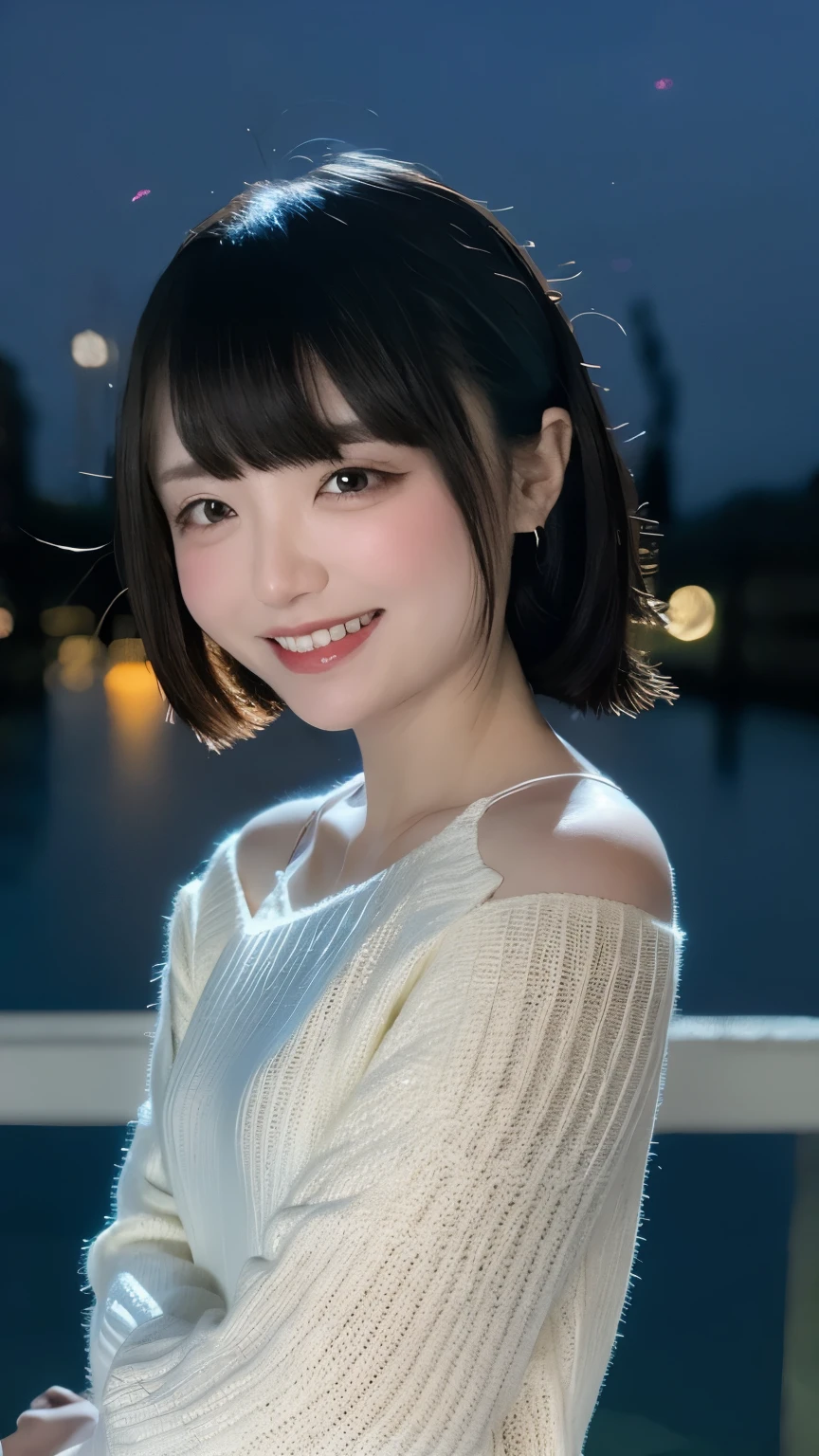 ulzzang -6500-v1.1, (Raw photo:1.2), (Photorealsitic), a beautiful detailed girl, (Real: 1.4), extremely detailed eye and face, ((PastelColors、Knitted dresses、Super realistic black tights))、((Night city:1.4)), selfee, Instagram、game_nffsw, huge filesize, hight resolution, ighly detailed, top-quality, [​masterpiece:1.6], illustratio, ighly detailed, nffsw, finely detail, top-quality, 8k wallpaper, Cinematographic lighting, 1girl in, 17 age, perfect body type, cute droopy eyes beautiful big eyes、Pieckfinger, ((masutepiece)), Best Quality, 1girl in, eye shadow,  Portrait, ((FULL BODYSHOT:1.4))、(Very affectionate smile:1.2)、realistic skin textures、shinny skin、Exposed thighs!!!