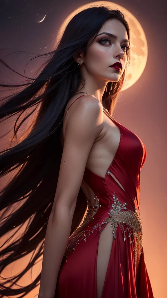 woman (((((serious, looking down, (([african:european:0.5])), night, dark, full moon, red evening gown)),black lips, dark makeup))), posing, dynamic cinematic pose, at night, dark, feminine athletic detailed body and face, highly detailed expressive , space above head, depth of field, ultra realistic, Fujifilm, BREAK (long dark hair), (((8k, hyperrealistic)))
