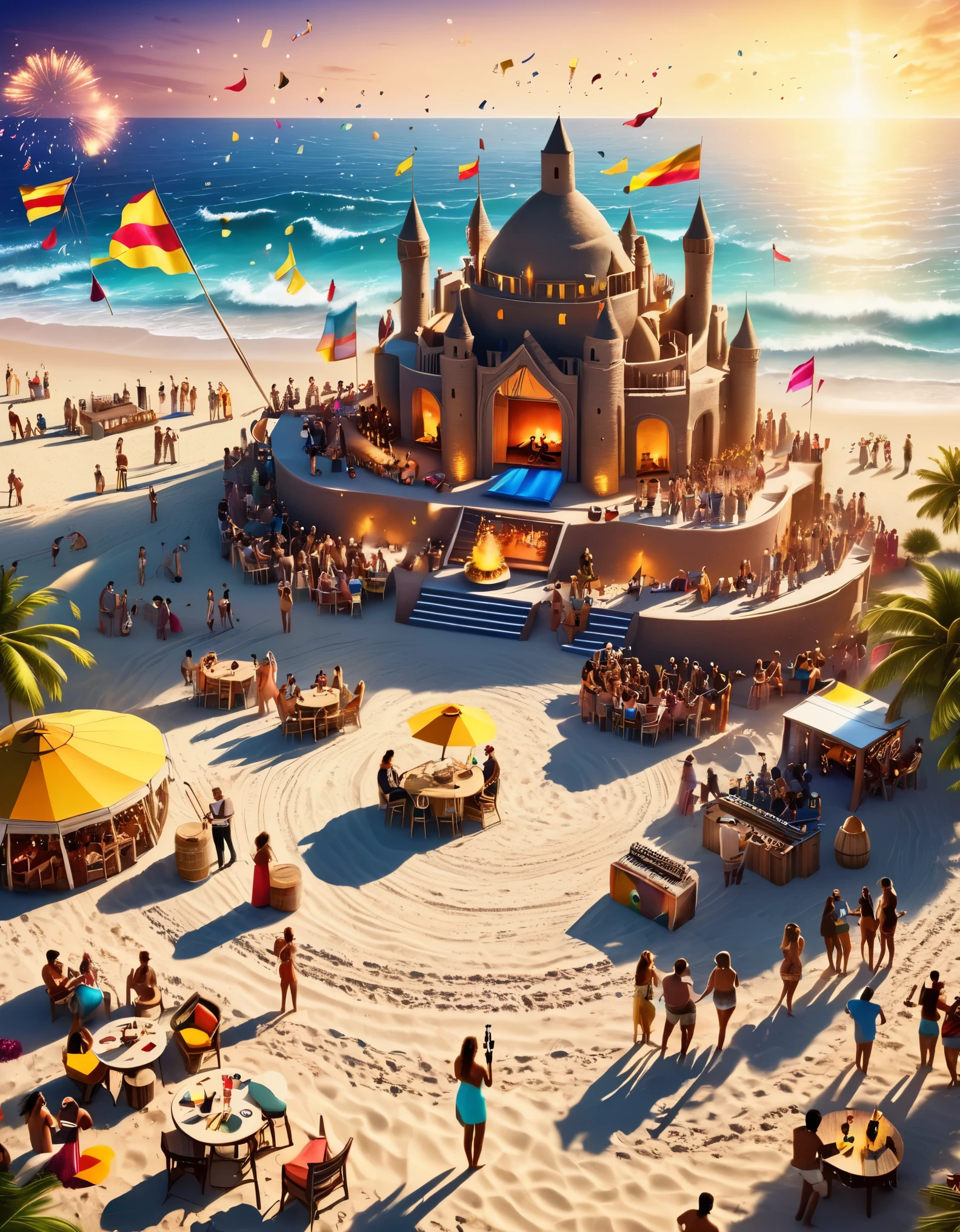 Vintage photography style, art deco style，best quality,8k,high resolution,super detailed，super clear,creative style artwork,classical,， （ Many fashionable boys and girls partying on the beach），（Warm and lively  atmosphere），wine glass，High-end wineware，crazy playing，many musical instruments，Bunting，fireworks，Inspired by《the great Gatsby》，The atmosphere of the 1920s, Delicate texture，smooth visible velvet，Wear pearl jewelry，Advanced custom lace clothing，（Stacking accessories），（Dressed in 1920s fashion, 1920s hairstyles, 1 9 2 0 s style, 1 9 2 0 clothes, 1 9 2 0 s fabric style,
Warming up 
