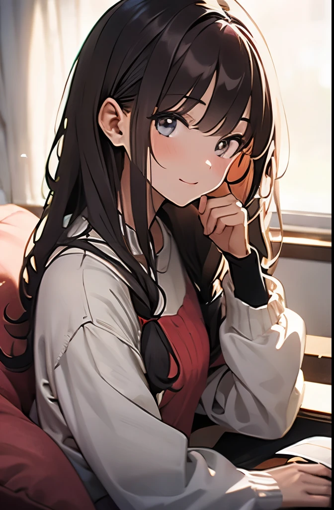 20 year old woman、hair is brown、long hair、eyes are big、one&#39;s home、sitting、They are hoohooing、close up of face、