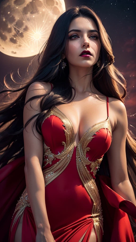 woman (((((serious, looking down, (([african:european:0.5])), night, dark, full moon, red evening gown)),black lips, dark makeup))), posing, dynamic cinematic pose, at night, dark, feminine athletic detailed body and face, highly detailed expressive , space above head, depth of field, ultra realistic, Fujifilm, BREAK (long dark hair), (((8k, hyperrealistic)))