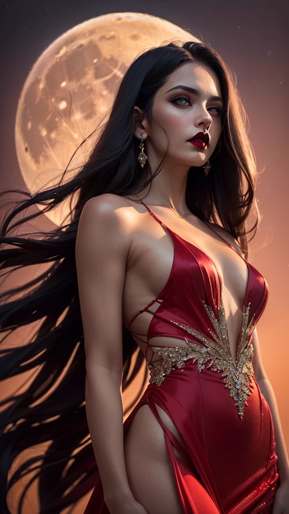 woman (((((serious, looking down, (([african:european:0.5])), night, dark, full moon, red evening gown)), fangs, black lips, dark makeup))), posing, dynamic cinematic pose, at night, dark, feminine athletic detailed body and face, highly detailed expressive , space above head, depth of field, ultra realistic, Fujifilm, BREAK (long dark hair), (((8k, hyperrealistic)))