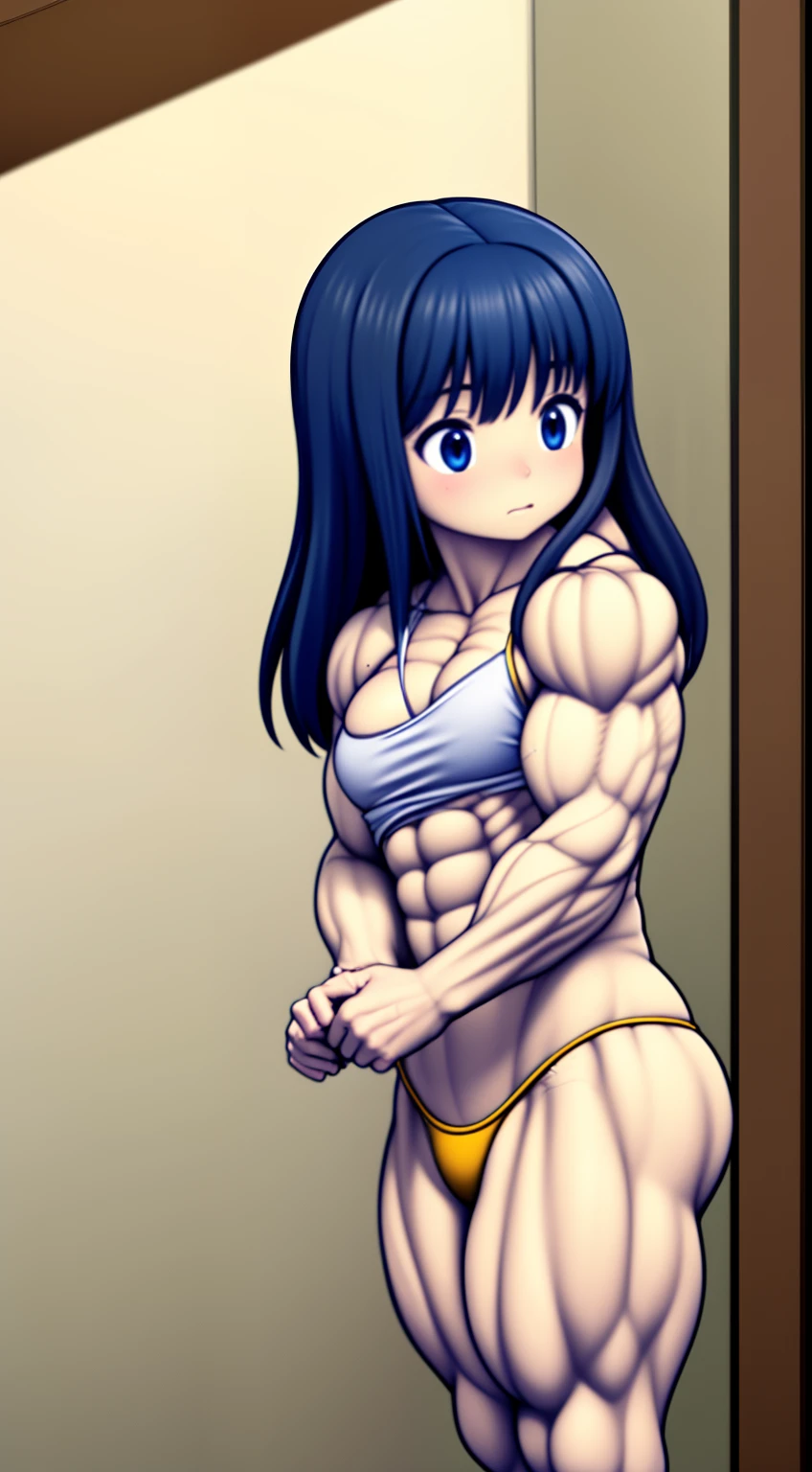 Altura un metro cinco,Libido girl,-yeld boolo, chica chica en topless,Use solo calzon,In an empty house that is uninhabited,Blushing slightly,una leve sonrisa,swollen muscles,pelo negro,cabello largo, peinado femenino, nsfw, pezones erectos, Girl masturbating, musculos extremos, pecs,
