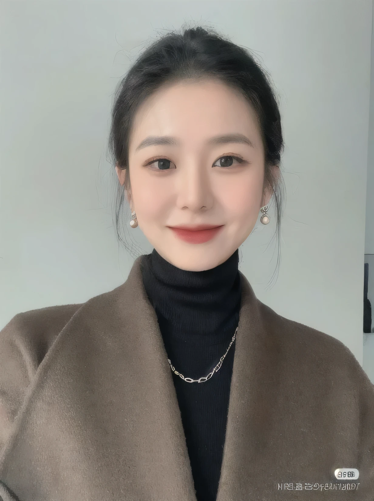 Alafid woman wearing brown coat and black turtleneck, wenfei ye, louise zhang, Xintong Chen, lulu chen, xue han, Dilireba, gongbi, chengyou liu, Beautiful Korean woman, Gorgeous Chinese model, xision wu, mingchen shen, Jiama Chan, An Asian woman smiles