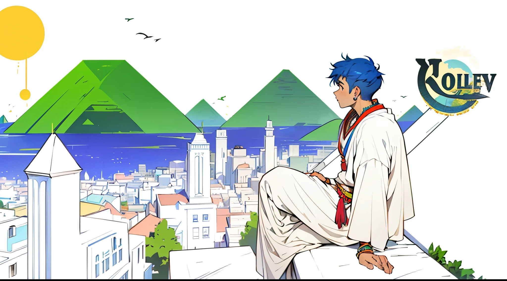 hay un joven serio desconcertado en lo alto de un edificio mirando con tristeza con asombro una linda ciudad pero que el no conoce, He has blue hair, he is 14 years old, he is dressed in an Egyptian tribal costume.