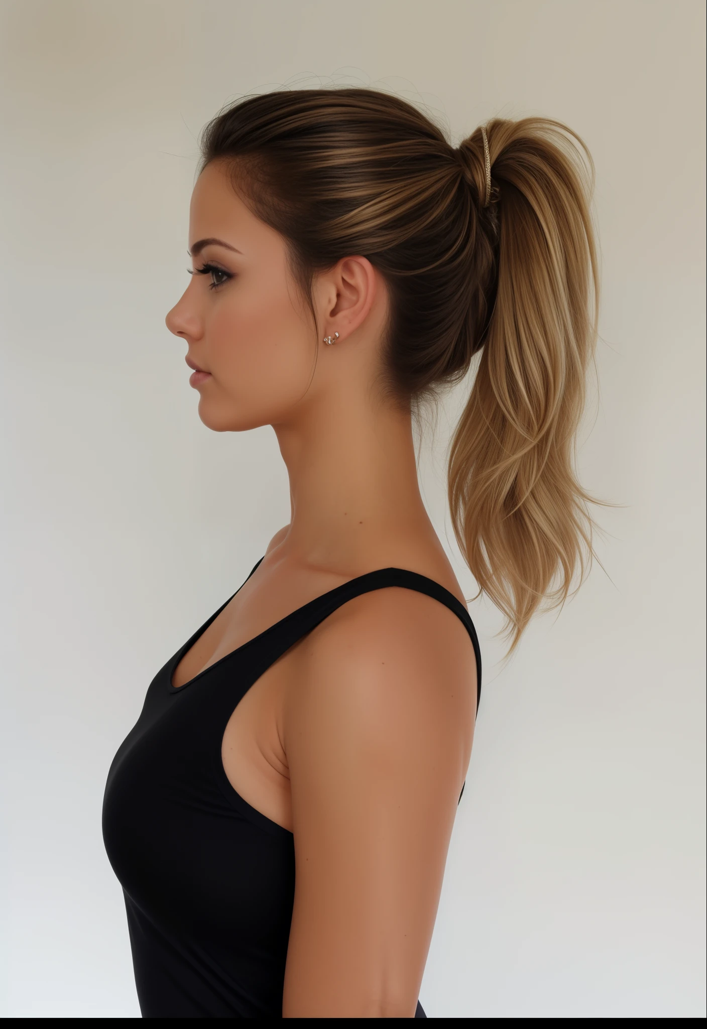 arafed woman with a rabo de cavalo in a black top and a black top, rabo de cavalo, Retrato lateral, hair in a rabo de cavalo, brown hair in a rabo de cavalo, rabo de cavalo hair, pose lateral, showing the shoulder from behind, short rabo de cavalo, posou de perfil, pose de perfil, rabo de cavalo, long rabo de cavalo, hair tied in a rabo de cavalo, perfil lateral cintura para cima retrato, with a rabo de cavalo