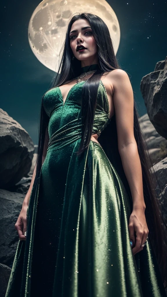 woman (((((serious, looking down, (([african:european:0.5])), night, dark, full moon, green velvet evening gown, vampire)), black lips, dark makeup))), posing, dynamic cinematic pose, at night, dark, feminine athletic detailed body and face, highly detailed expressive , space above head, depth of field, ultra realistic, Fujifilm, BREAK (long dark hair), (((8k, hyperrealistic)))