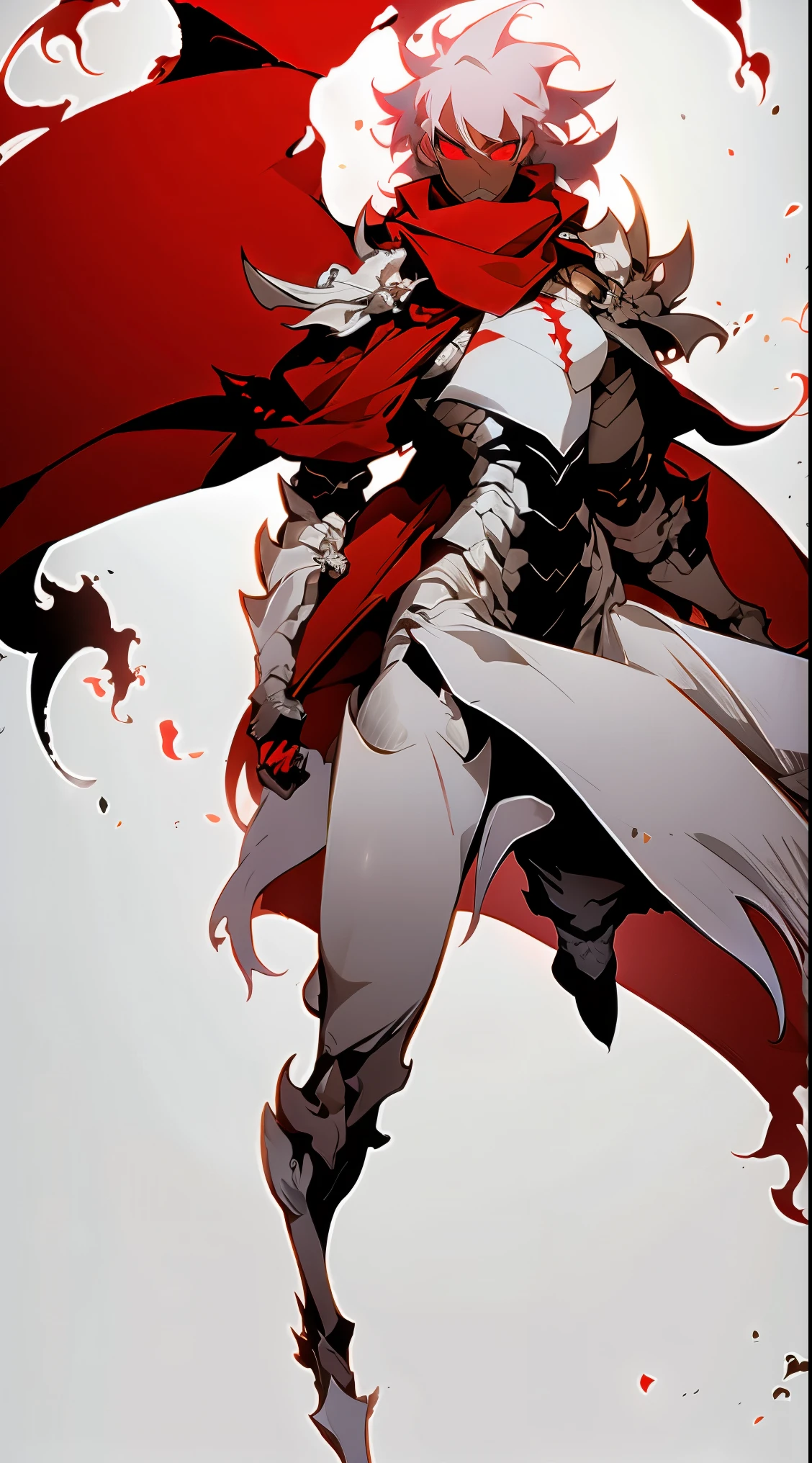 darkskin woman fantasy clothes, white short hair in a ponytail, red eyes, Torn red scarf, white and black Armor, skull-shaped shoulder pad, skull Knee Pads, aura (red), angry, full body view, perfect Anatomy, intricate pencil sketch, expressive eyes and nose and mouth, un-zoom, highly detailed, white background