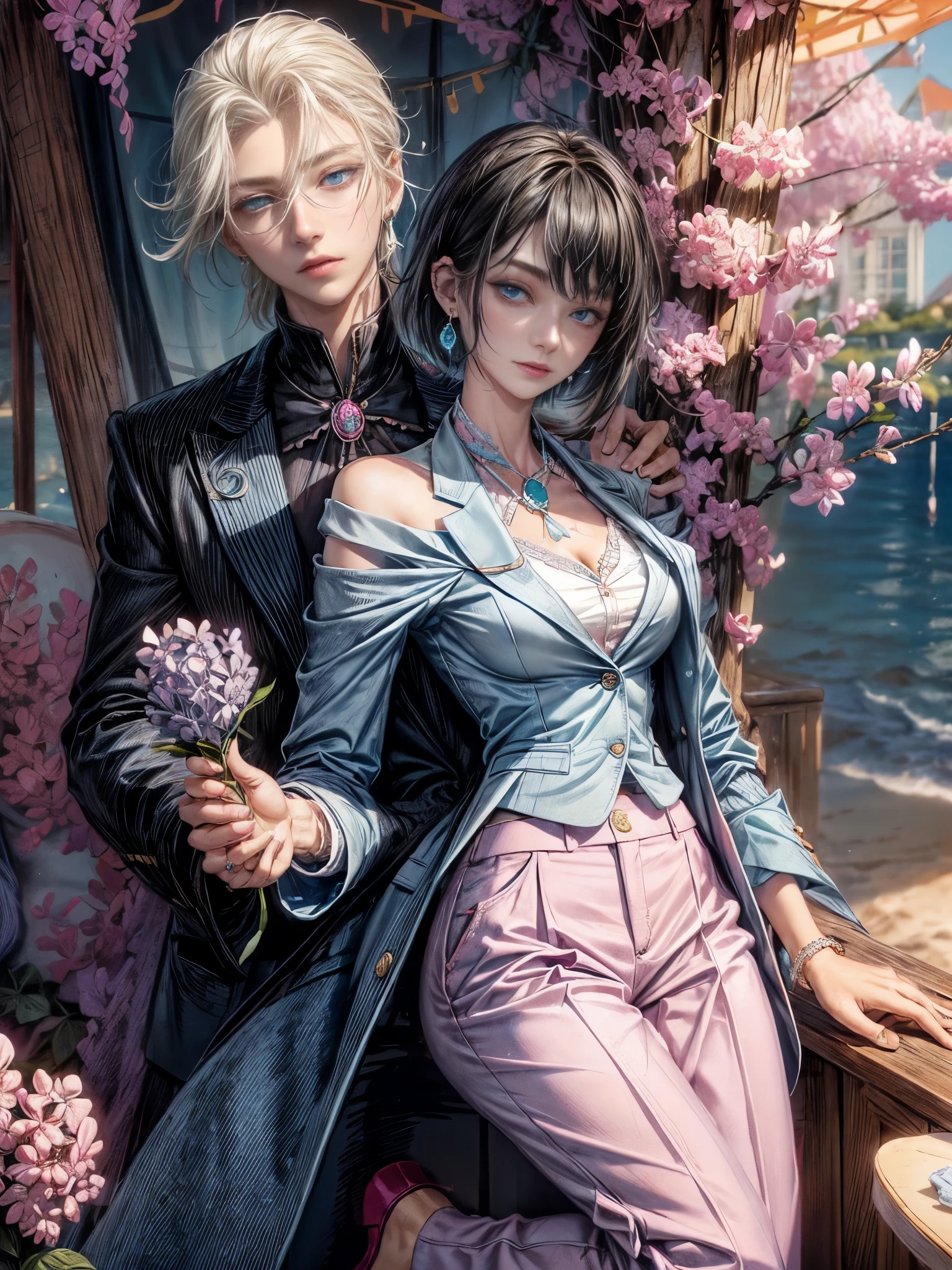 cinematic lighting、highest quality,cyberpunk world、1 female、(25 year old beautiful woman、short hair、black hair、shoulder length hair、blue eyes:1.4)smile、break,short hair、（Glasses:1.5）BREAK.Perfect with pastel colors 🩷🩵 BREAK
(Powder blue blazer:1.4) paired with (cream-colored slim trousers:1.2) and (soft pink loafers). Accessorized with (a lilac silk scarf:1.3), (opal stud earrings), and (a rose quartz ring).
BREAK.((A unique seaside cafe along the coast))
