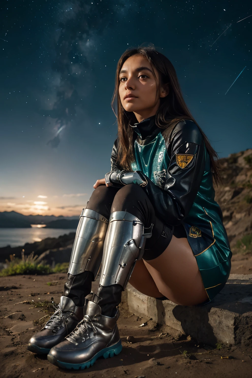 uma linda garota de 20 anos, half robot, with a bionic eye, cabelo verde e azul, an athletic body, vestido de preto, saia curta justa, um branco, regata curta e colete vermelho aberto, looking at the sky with a lulled look, sitting with a Bengal tiger standing calmly at his feet, e uma pantera negra agachada ao lado dela, and with the multicolored starry sky behind, sparkling gaze towards the camera with emotion running high for having discovered water on another planet that is not Earth, the short pants she wears are metallic in color and dark brown leather-like boots. the ambient light allows you to feel the lightness of a rarefied air that is more than breathable, the sky allows you to see the orbit of a planet in the background and constellations in infinity.