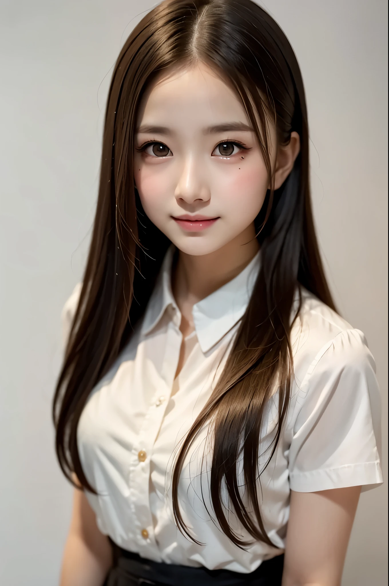 masterpiece, best quality, 8k, upper body, pale pink shirt, black pencil-skirt, kheehigh-boots, break, 18 years old, anna_girl, semi long hair, wavy hair, looking at viewer, smile, ultra realistic photography, sharp focus, face light, dynamic lighting, break, (simple white background:1.4), break, real skin, symmetric clear eyes, black eyes, sharp pupils, realistic pupils