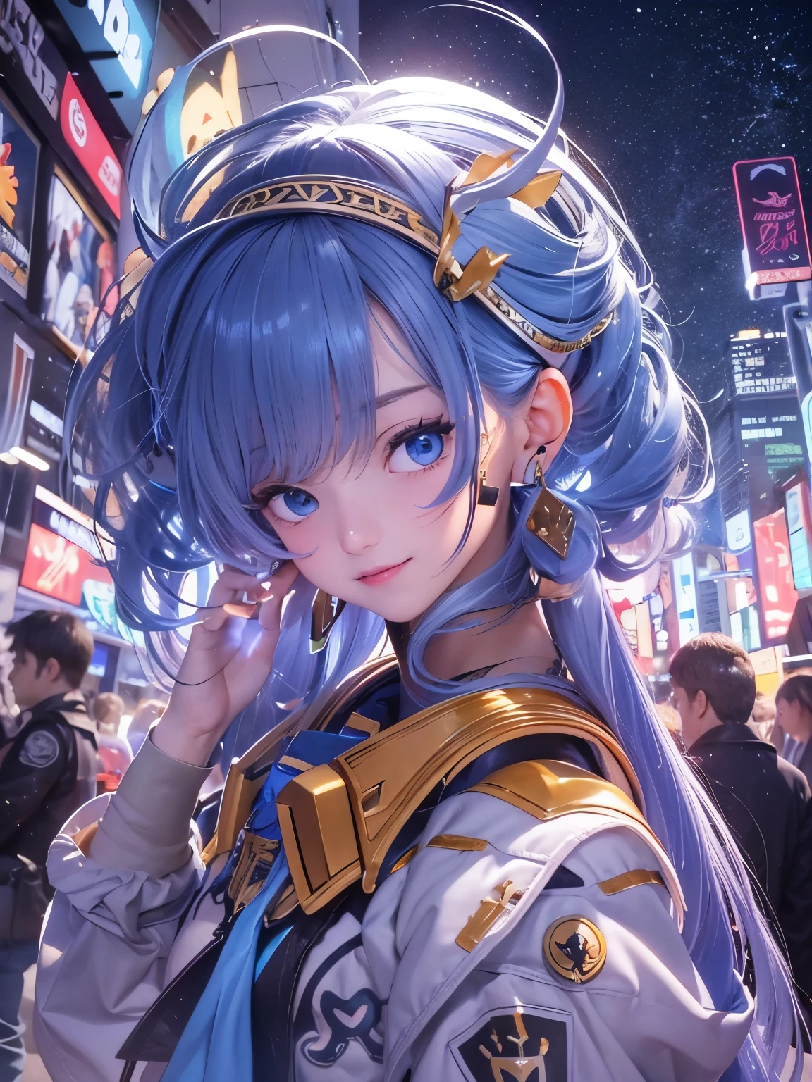 (masterpiece, best quality;1.3), Very detailed ,Super detailed, 1 girl,alone, double tail, Big breasts, smile, Gundam(RX78), Science fiction, Mecha, , blue hair, alone, hair accessories, long hair, double tail, golden eyes, jewelry, earrings, looking at the audience,Shinjuku city background,night, Many neon signs, moon base, detail dress, super mini skirt, from below, sitting,, Half-length photo,