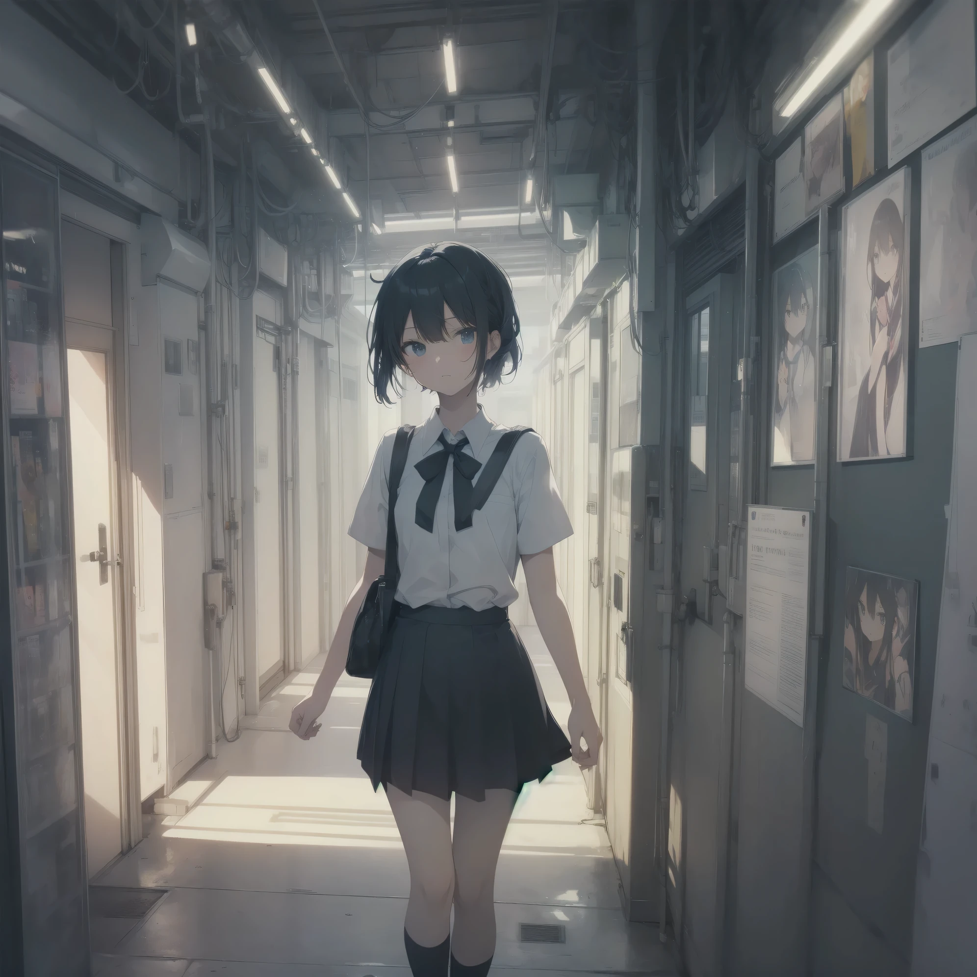 Super absurd quality by the god of art, super detailed, High resolution, anime moe art style, Best Anime 8K Kona-chan Wallpaper, pixiv contest winner, perfect anatomy, break,(眠そうにalone学校へ行く女の子を描いてください. )break,1 girl, (alone,little woman, baby face, 13 years old:1.3),All limbs, full finger,, The charm of an immature body, (very_short hair), Bang, flat chest, small ass, between legs, small black eyes, detailed and beautiful eyes, Well-proportioned iris and pupils, expressive eyes, sleepy eyes, High resolutionの詳細な髪, neck ribbon, shirt, collared shirt, skirt, pleated skirt, school uniform, school bag,(detailed lighting), (detailed background), On the way to school. break,super dense skin, Best cinematic lighting powered by famous artist, 8k,collaboration illustration,cute illustration,photoshop_(Moderate),Absurd Hi-Res,Hmm,rough skin,break,((artist:ningen_blister)),artist:Digit, artist:kureta_(smiling), 