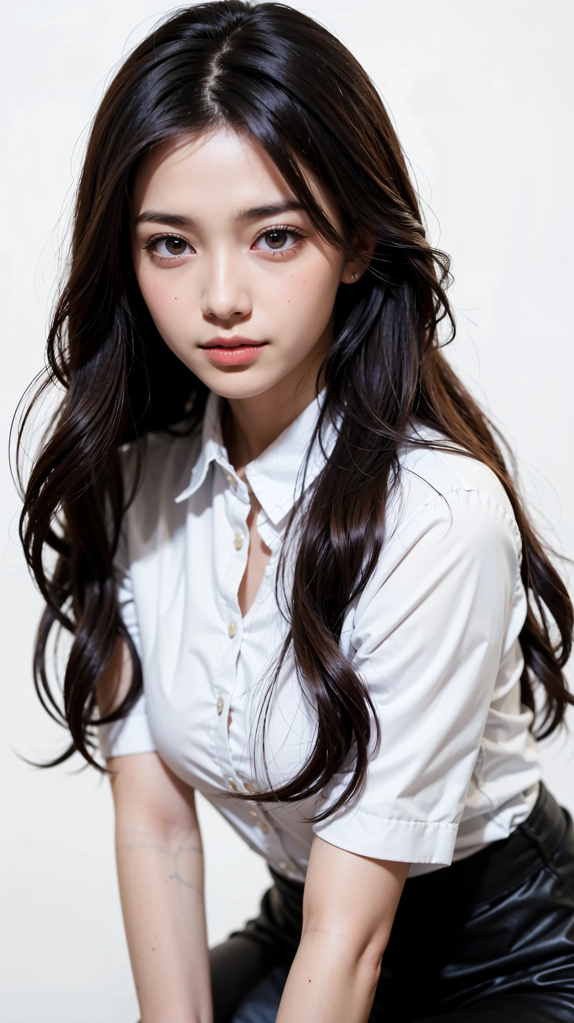 masterpiece, best quality, 8k, upper body, pale pink shirt, black pencil-skirt, kheehigh-boots, break, 18 years old, anna_girl, semi long hair, wavy hair, looking at viewer, smile, ultra realistic photography, sharp focus, face light, dynamic lighting, break, (simple white background:1.4), break, real skin, symmetric clear eyes, black eyes, sharp pupils, realistic pupils