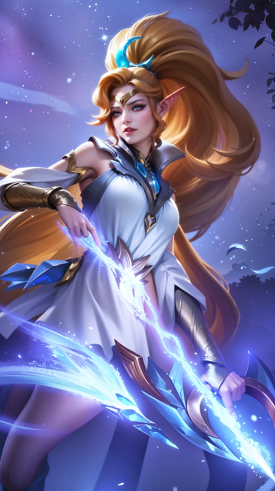 (female:1.2), 8k, ultra hd, ultra detailed texture, hyper realistic, masterpiece, detailed texture, detailed face, detailed skin, detailed lighting, (photorealistic:1.5), best quality, beautiful lighting, cinematic lighting, professional lighting, ultra highres, realistic, detailed hair, real hair, high quality, (realskin:1.5), extremely detailed, finely detail, ultra-detailed, 1girl, solo, elf, pointy ears, standing, demon horns, forehead protector, (red eyes:1.5), v-shapped eyebrow, lips, red lips, evil smile, nose, make up, pretty, beautiful, cute face, long hair, blue hair, high ponytail, large breasts, cleavage, armpit, navel, stomach, black armor, pauldrons, bare shoulders, shoulder armor, thigh high, sleevless, detached sleeves, breastplate, gauntlets, karina \(mobile legends\), depth of field, looking aways, white skin, skin tight, amazing pose, outdoors, glowing, dark view.