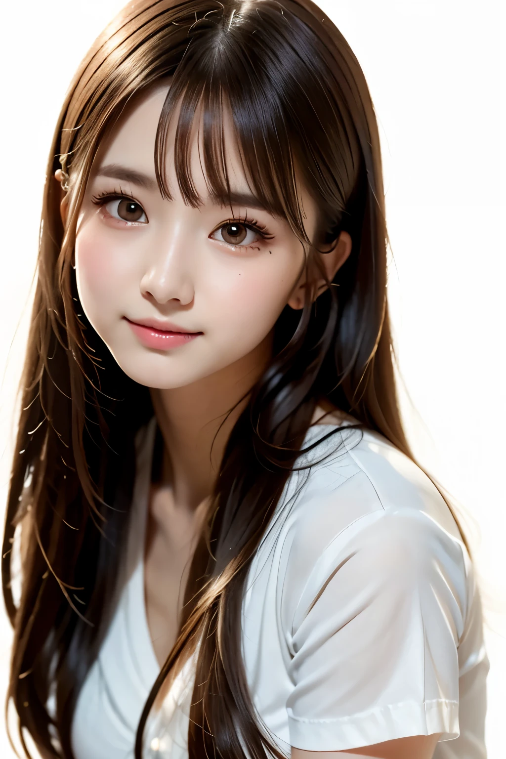 masterpiece, best quality, 8k, upper body, pale pink shirt, black pencil-skirt, kheehigh-boots, break, 18 years old, anna_girl, semi long hair, wavy hair, looking at viewer, smile, ultra realistic photography, sharp focus, face light, dynamic lighting, break, (simple white background:1.4), break, real skin, symmetric clear eyes, black eyes, sharp pupils, realistic pupils
