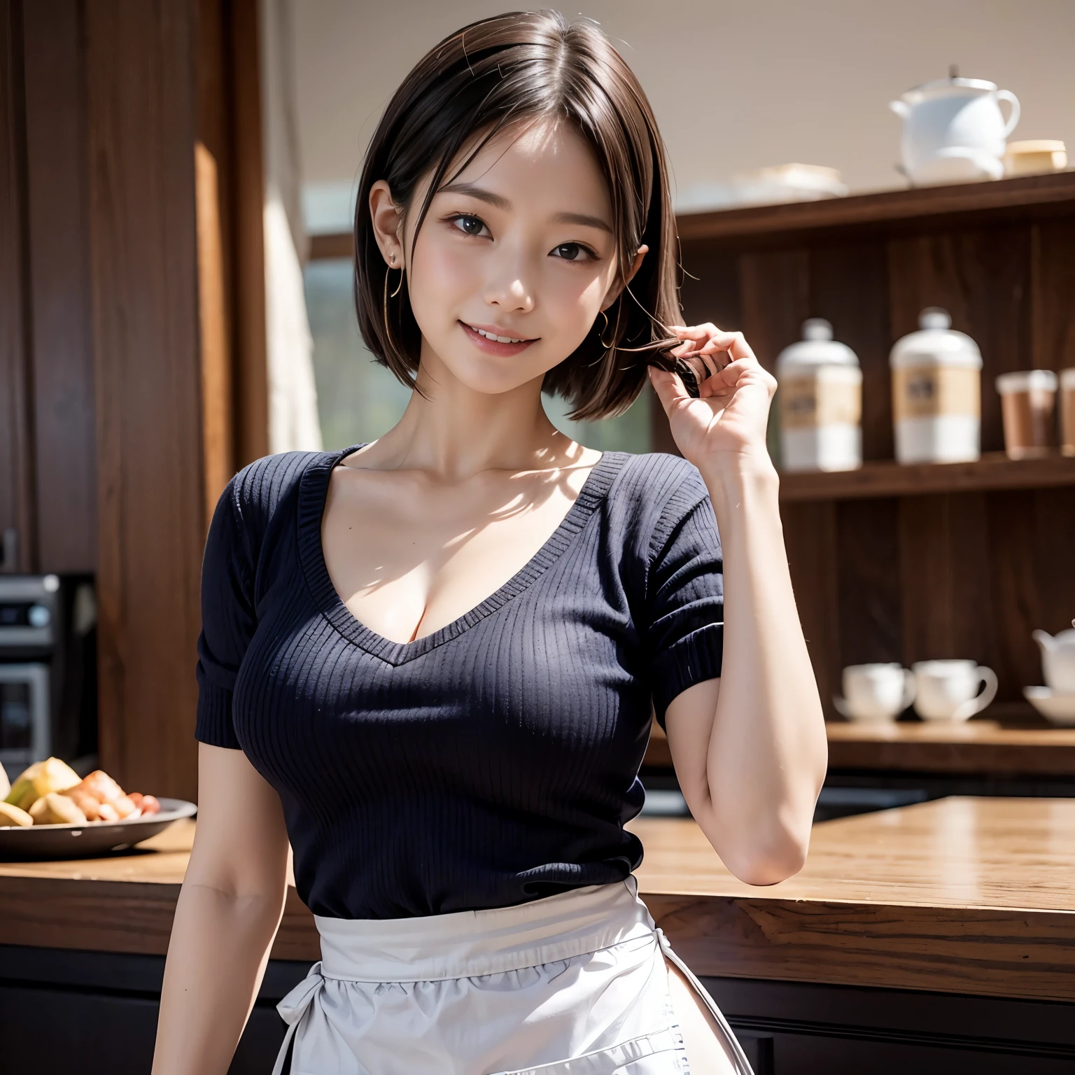 ((Top Quality, 8k, Masterpiece: 1.3)), Photoreality (1.4)), Raw Photo, Single Woman, Light Brown Hair, Bob Cut, Super Delicate Face Japan, Delicate Eyes, Double Eyelids, Light Smile, (Exposed Apron: 1.2), (Big: 2), (Standing Backward: 1.5), Kitchen, (Chest Focus: 1.2), (Perspective: Chest)