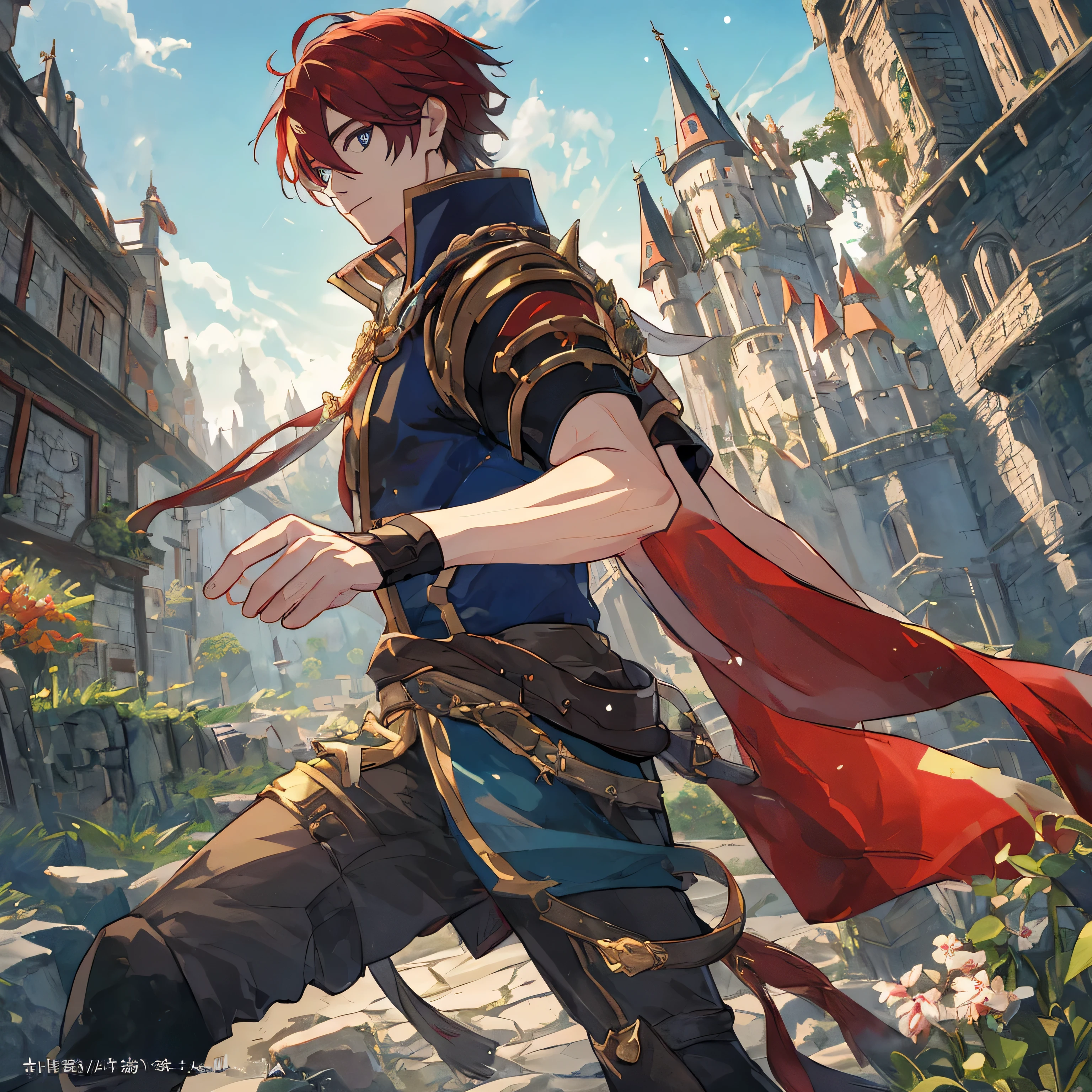 masterpiece, highest quality, fantasy novel cover, Reincarnation in another world, A boy wearing a red cloak stands in the wilderness with a castle in the background, armor, 青いarmor, fingerless gloves, blue eyes, Serious profile, Red Shorthair, field, null, animated disney movie palette, Red-blue, scattered light, portrait of a dreamer, Huge tower, Feywild, 36K quality, highly detailed background, fighting pose, Also々new profile, Also々new, {{{{{一人のmaleのイラスト}}}}}, flat chest, pectoralis major,broad shoulders, big arm muscles,male性の手,maleの顔,male性;eyebrow, male性の目, sharp nose ,long nose,{{{{{male}}}}},good looking guy,good looking,Dandyism, Emphasize the contrast between light and shadow, (official art、{{{{{upper body angle}}}}},highest quality、unity 8k wallpaper、32K、masterpiece、超詳new、ultra high resolution, realistic、 Photoreal:1.2)、(cinematic lighting:1.2), portrait from the knees up, Multiple three-dimensional clouds in the distance,